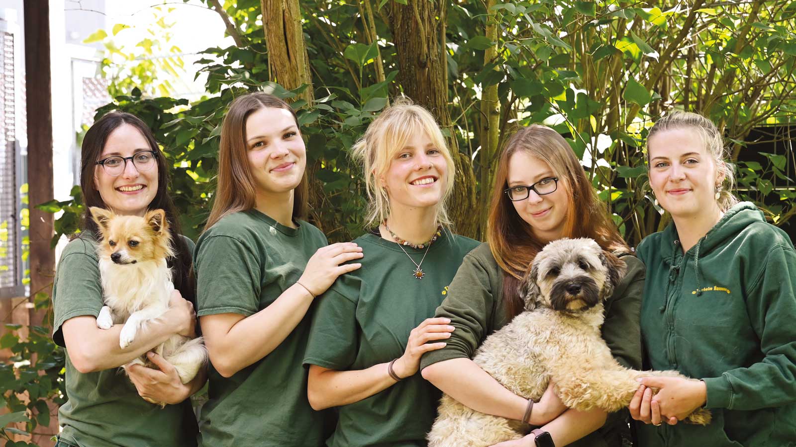 Fünf Auszubildende des Tierheims mit zwei Hunden