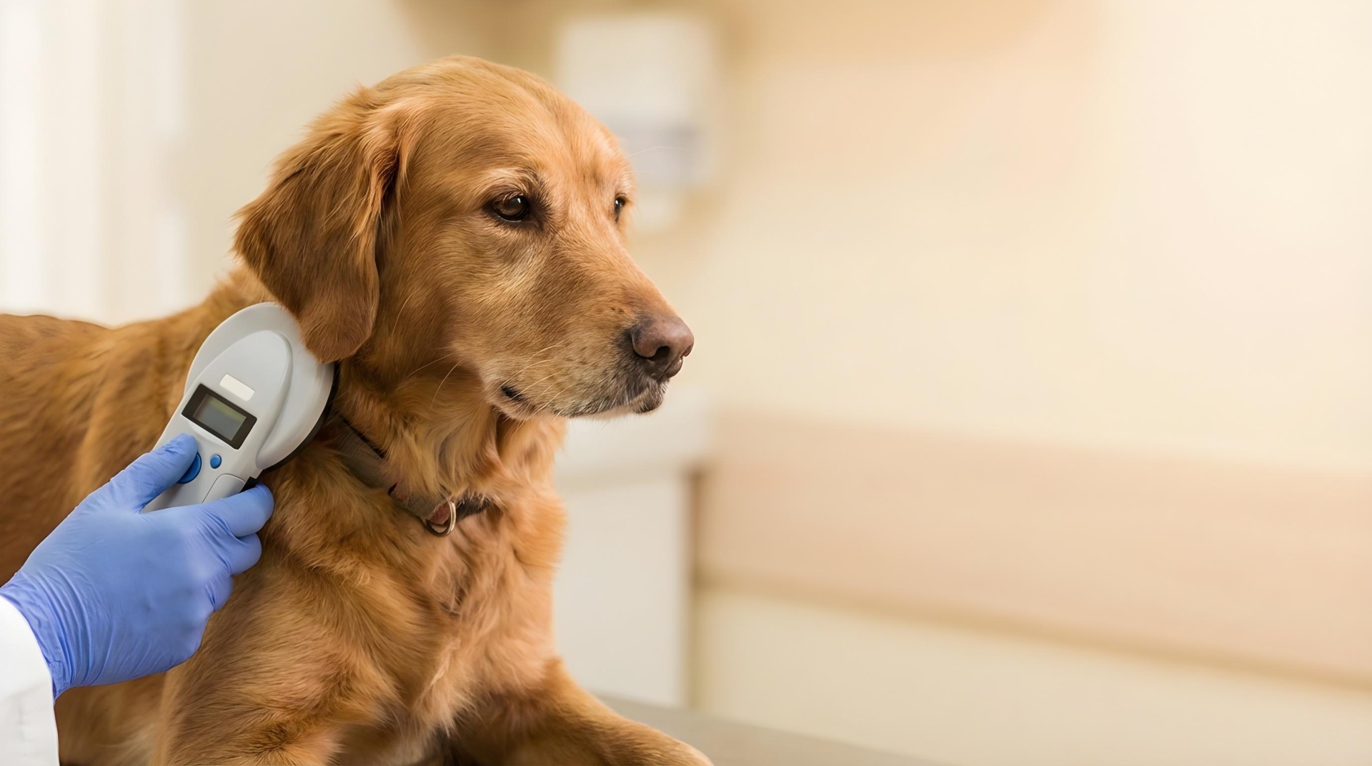 Tierärztliche Hand hält ein Lesegerät an den Hals eines ruhigen Hundes zur Mikrochip-Kontrolle – Chippen und Registrierung