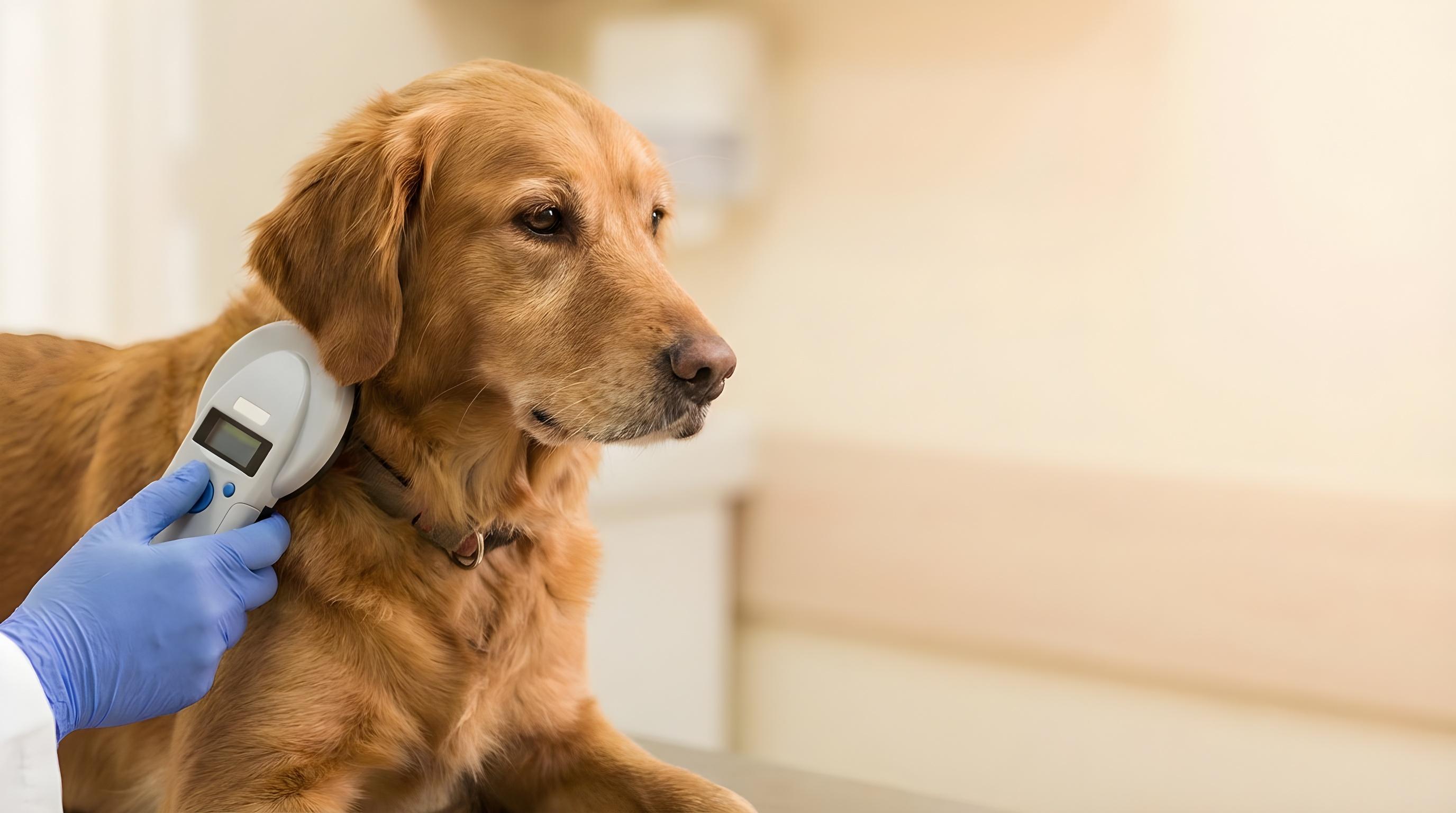 Tierärztliche Hand hält ein Lesegerät an den Hals eines ruhigen Hundes zur Mikrochip-Kontrolle – Chippen und Registrierung