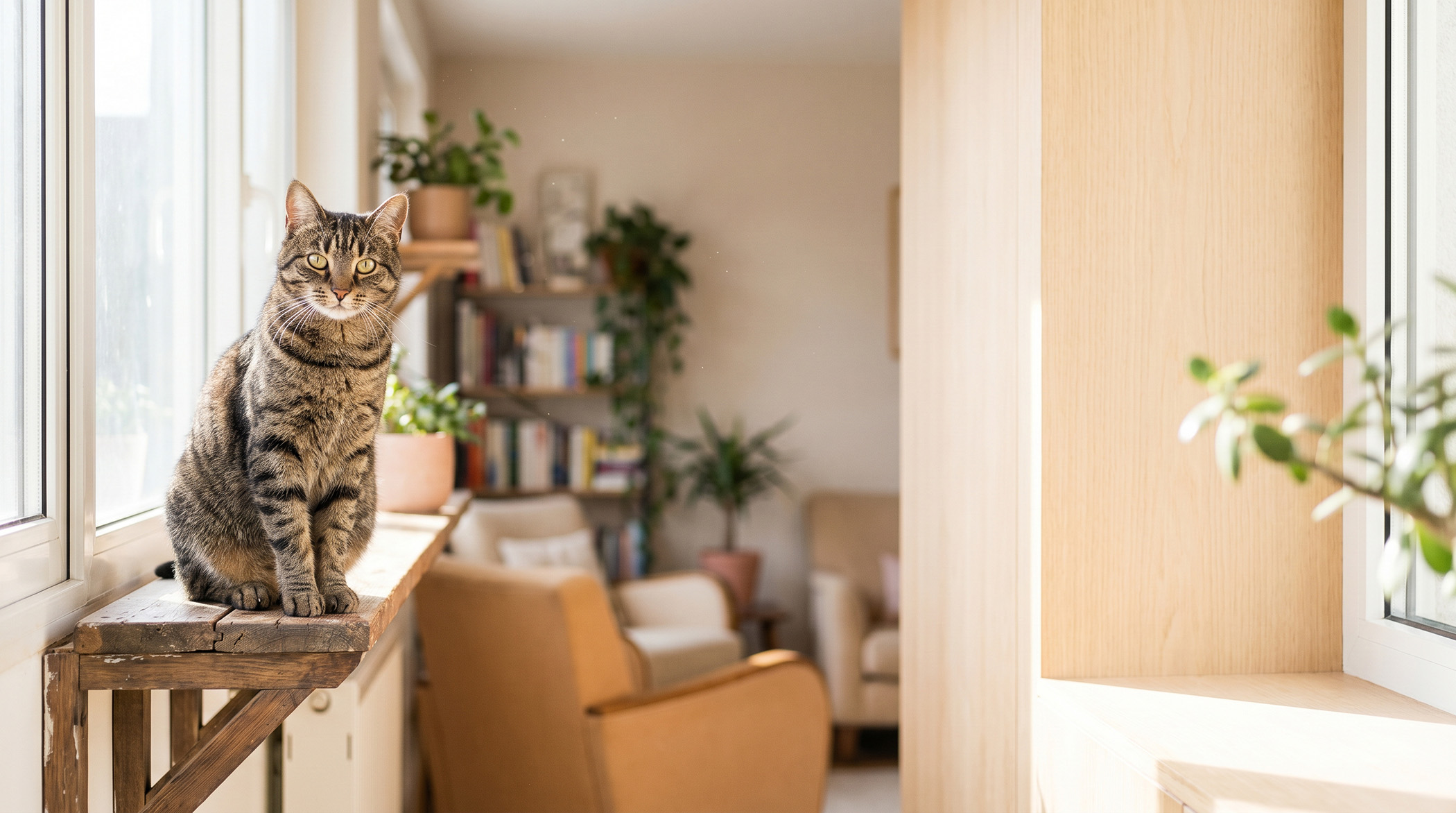 Erwachsene Hauskatze sitzt aufmerksam in einem hellen Wohnzimmer - felines Asthma