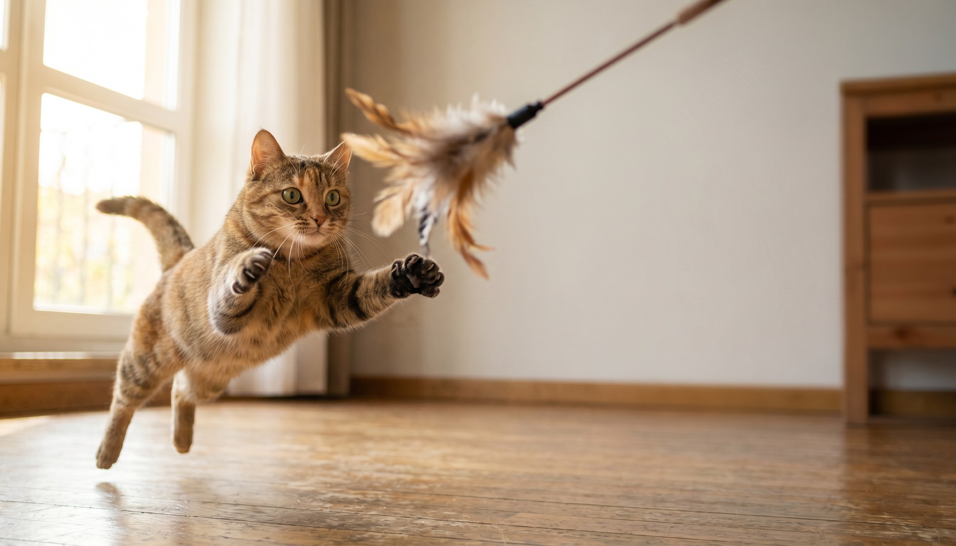 Getigerte Katze im Fangsprung auf eine Federangel in einem sonnigen Wohnzimmer. – Katzenspielzeug sinnvoll einsetzen