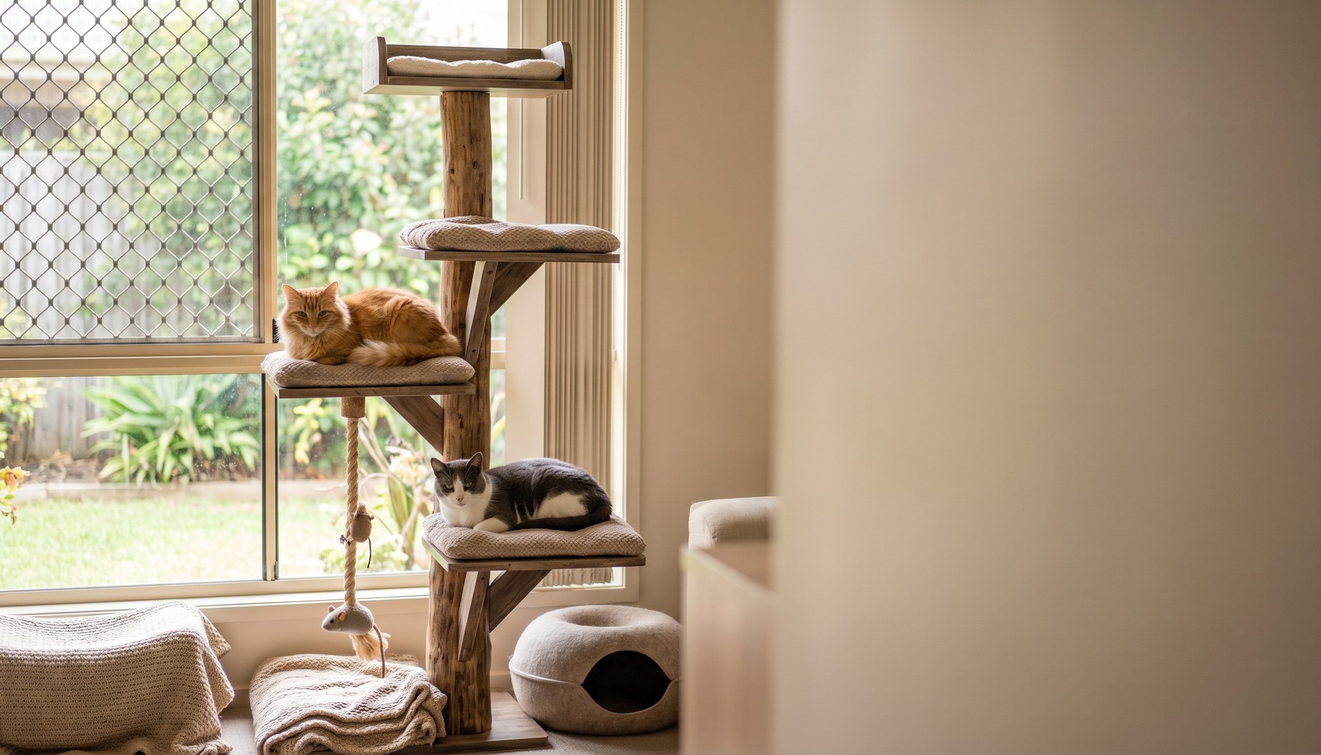 Zwei Hauskatzen ruhen entspannt auf einem mehrstöckigen Kratzbaum vor einem gesicherten Fenster - artgerechte Katzenhaltung