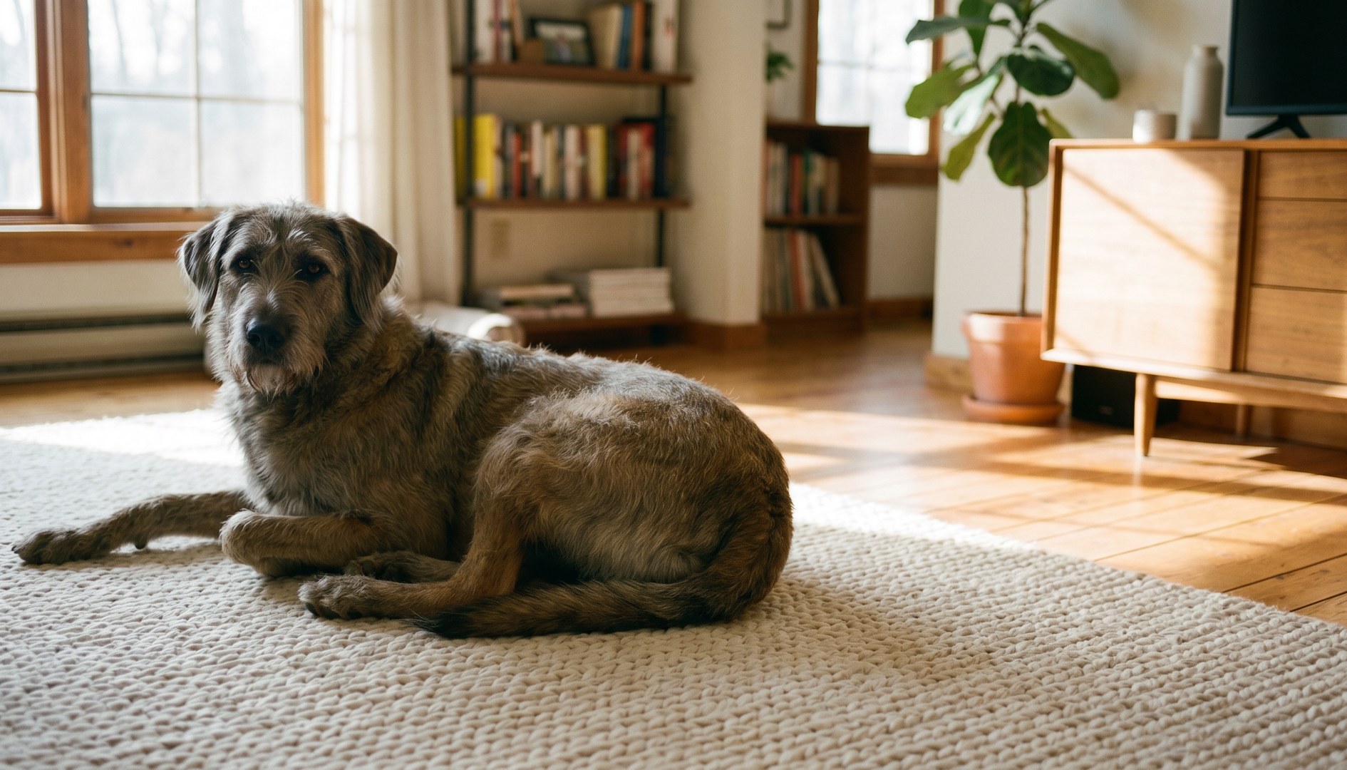 Großer ruhiger Hund liegt entspannt auf einem Teppich im Wohnzimmer - Magendrehung