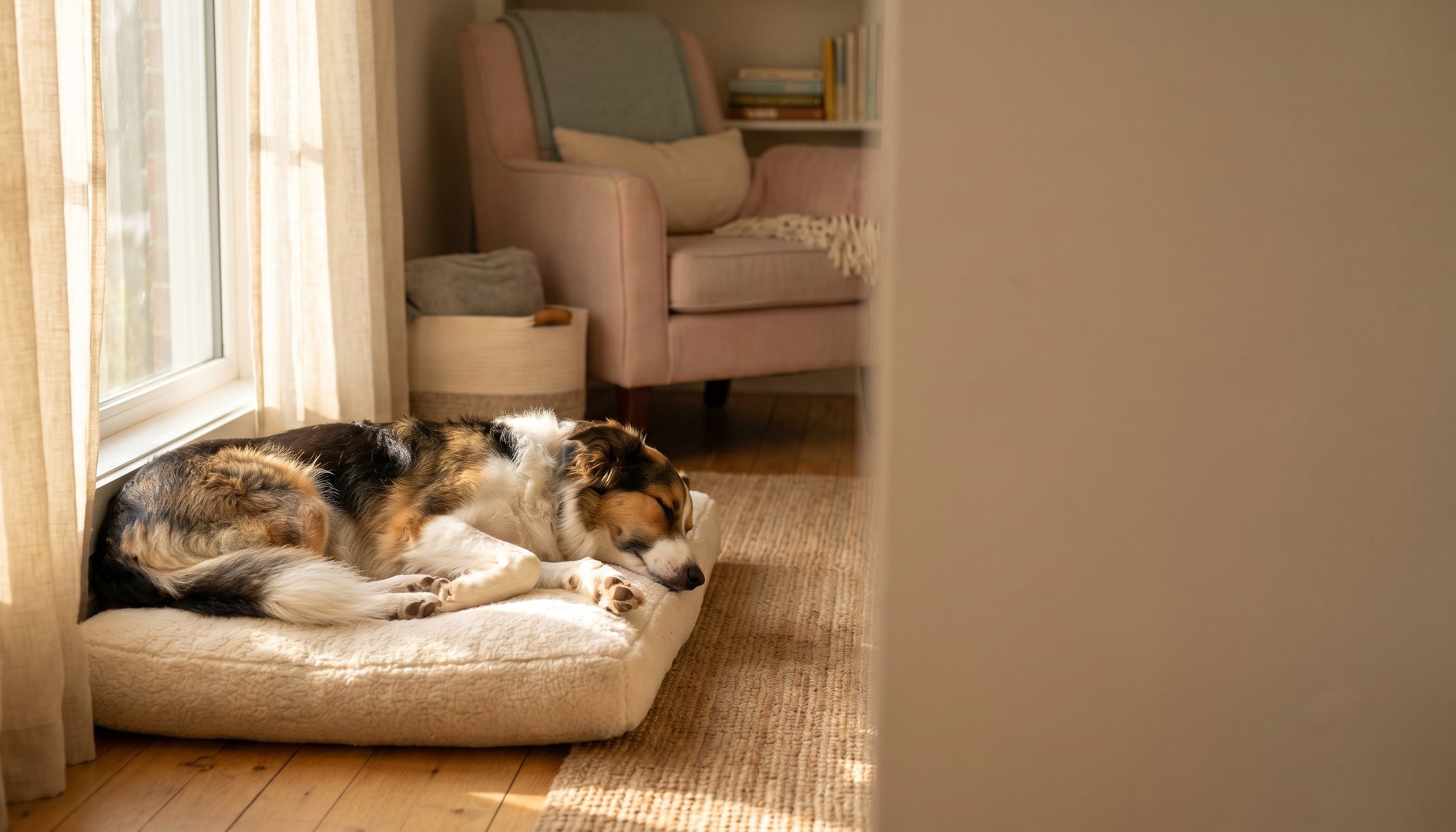 Ruhiger Border Collie schläft entspannt auf einem weichen Kissen im Wohnzimmer - Epilepsie