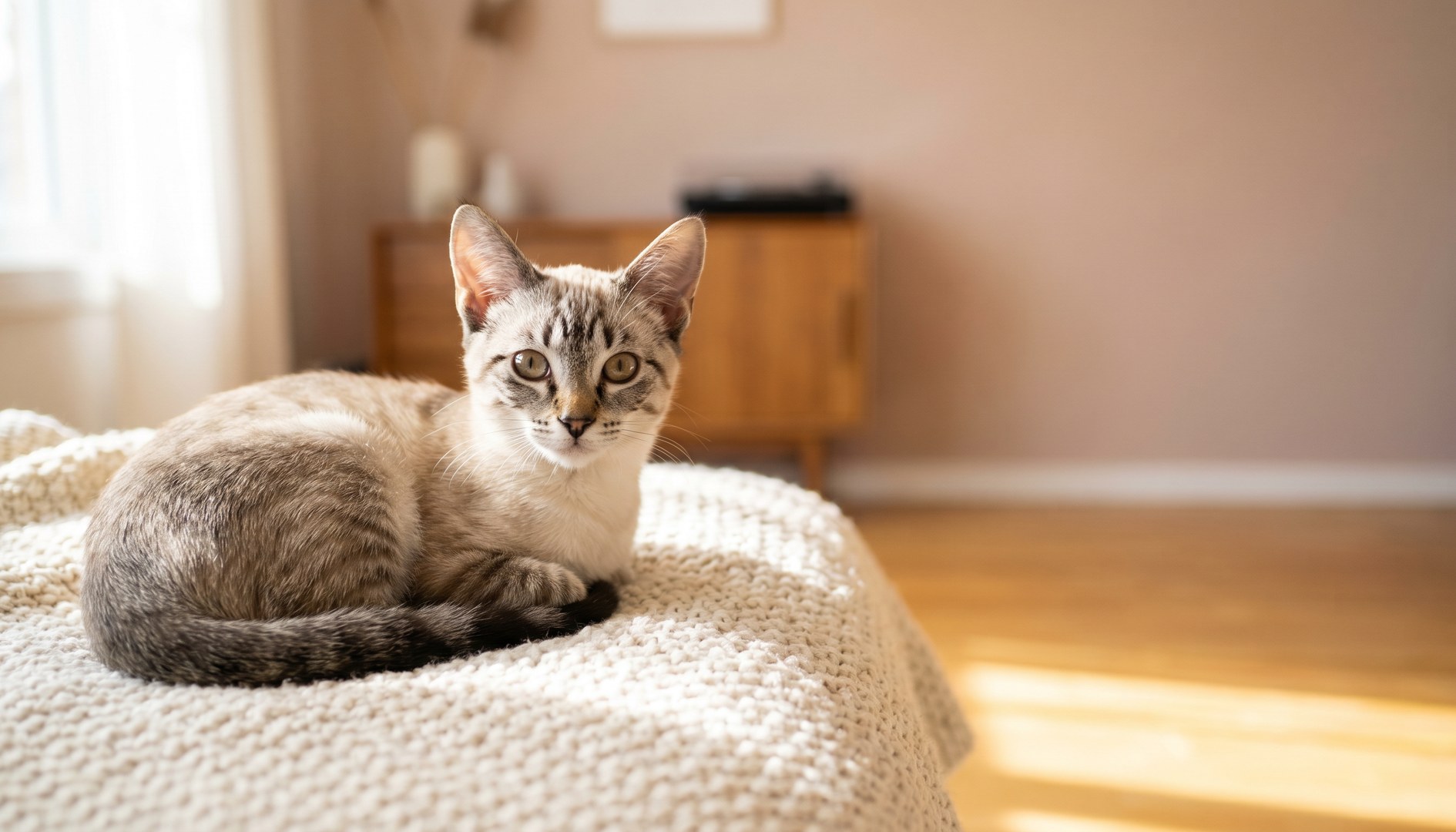 Junge Katze liegt aufmerksam auf einer weichen Decke in einem hellen Wohnzimmer - FIP