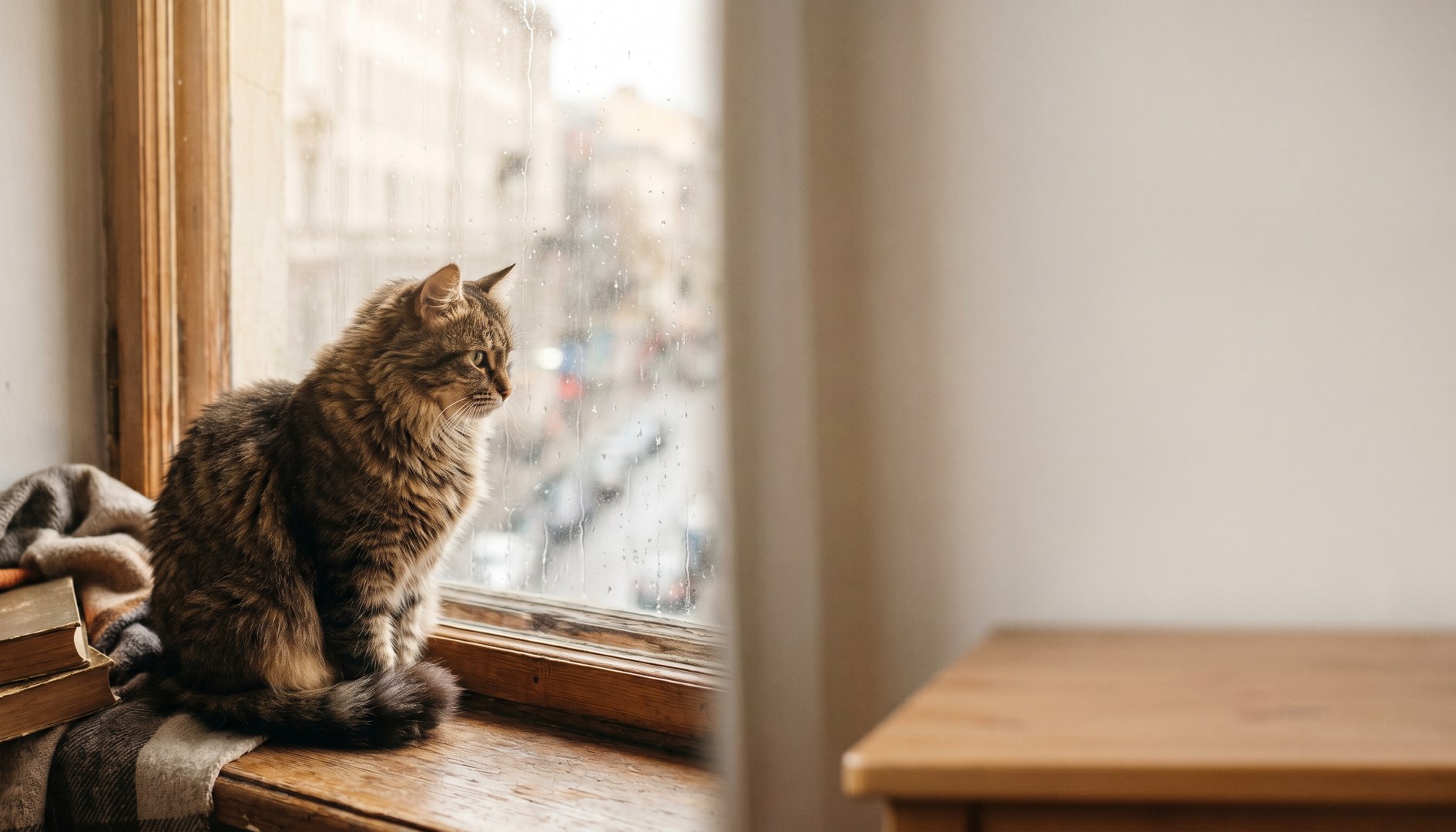 Katze sitzt am Fenster und blickt nach draußen - Trennungsangst bei Katzen