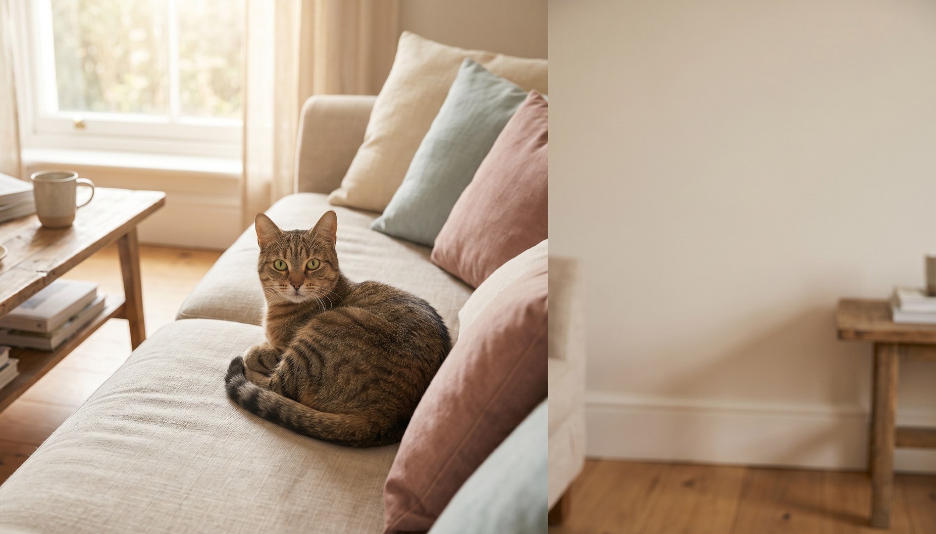 Erwachsene Hauskatze liegt entspannt auf einem hellen Sofa und schaut aufmerksam zur Kamera - FIV FeLV