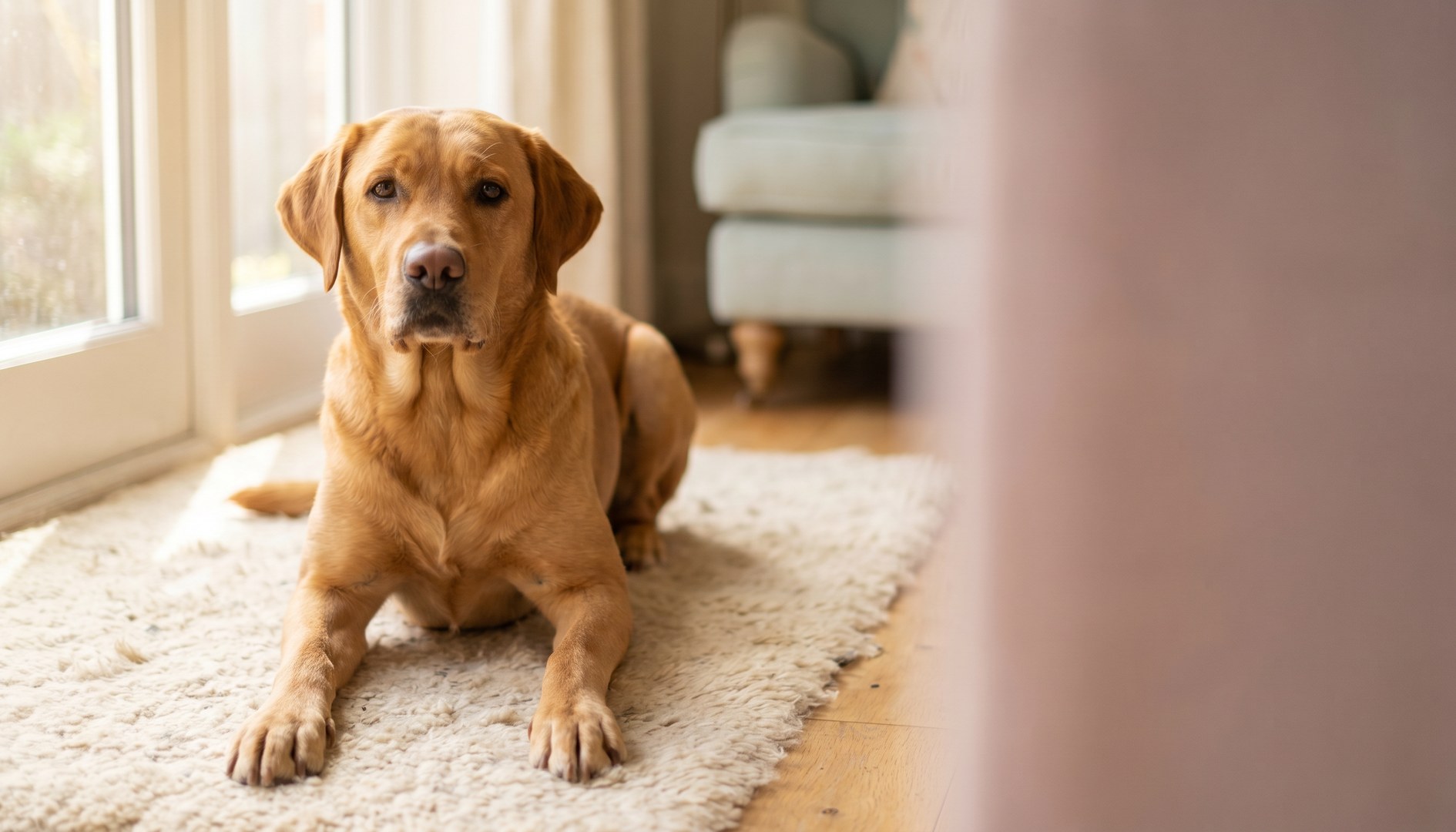 Junger Labrador liegt entspannt mit ausgestreckten Vorderbeinen auf einem Teppich - Ellbogendysplasie