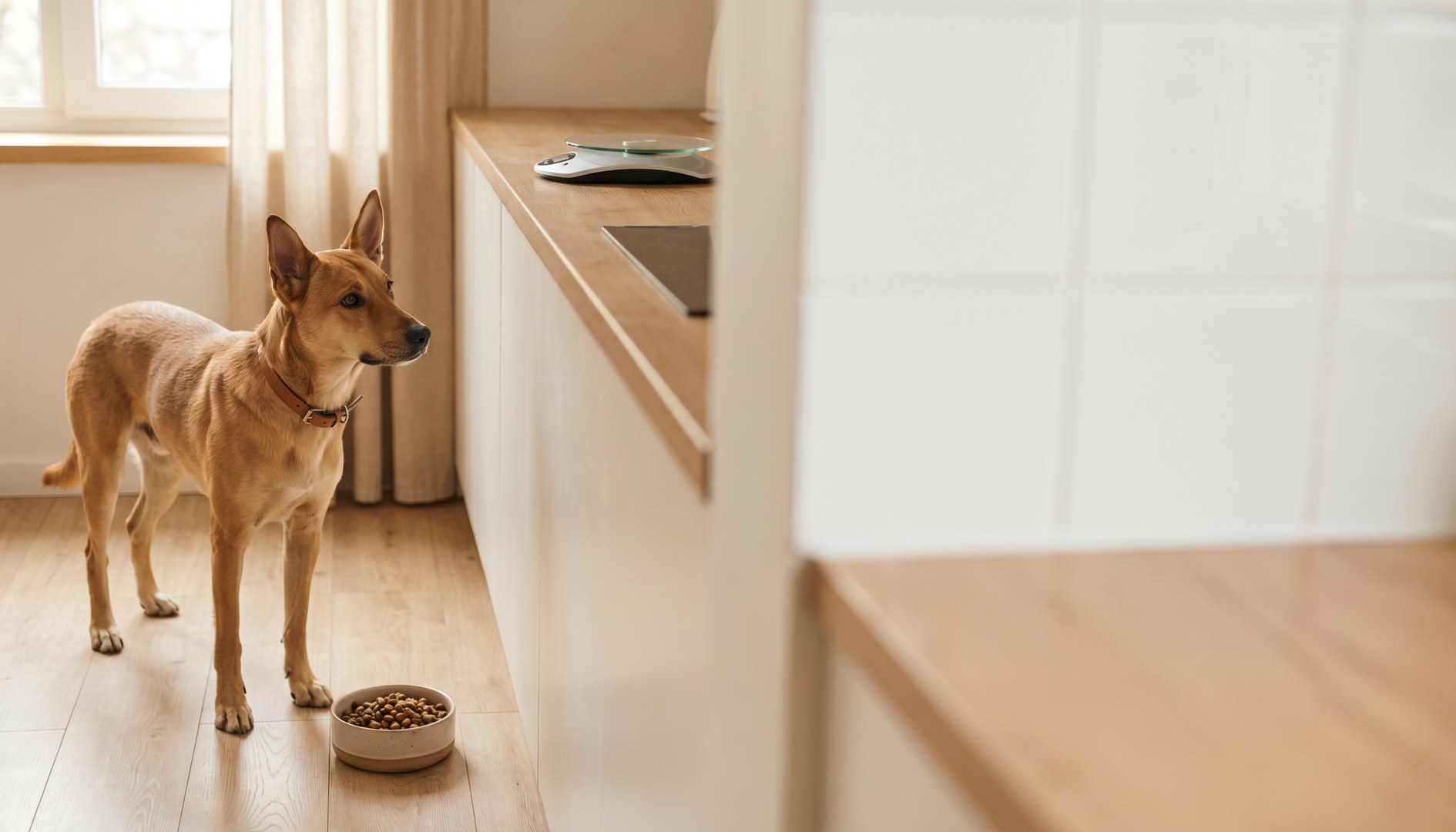 Schlanker Hund steht aufmerksam in einer hellen Küche neben einem kleinen Futternapf - Adipositas Gewichtsmanagement