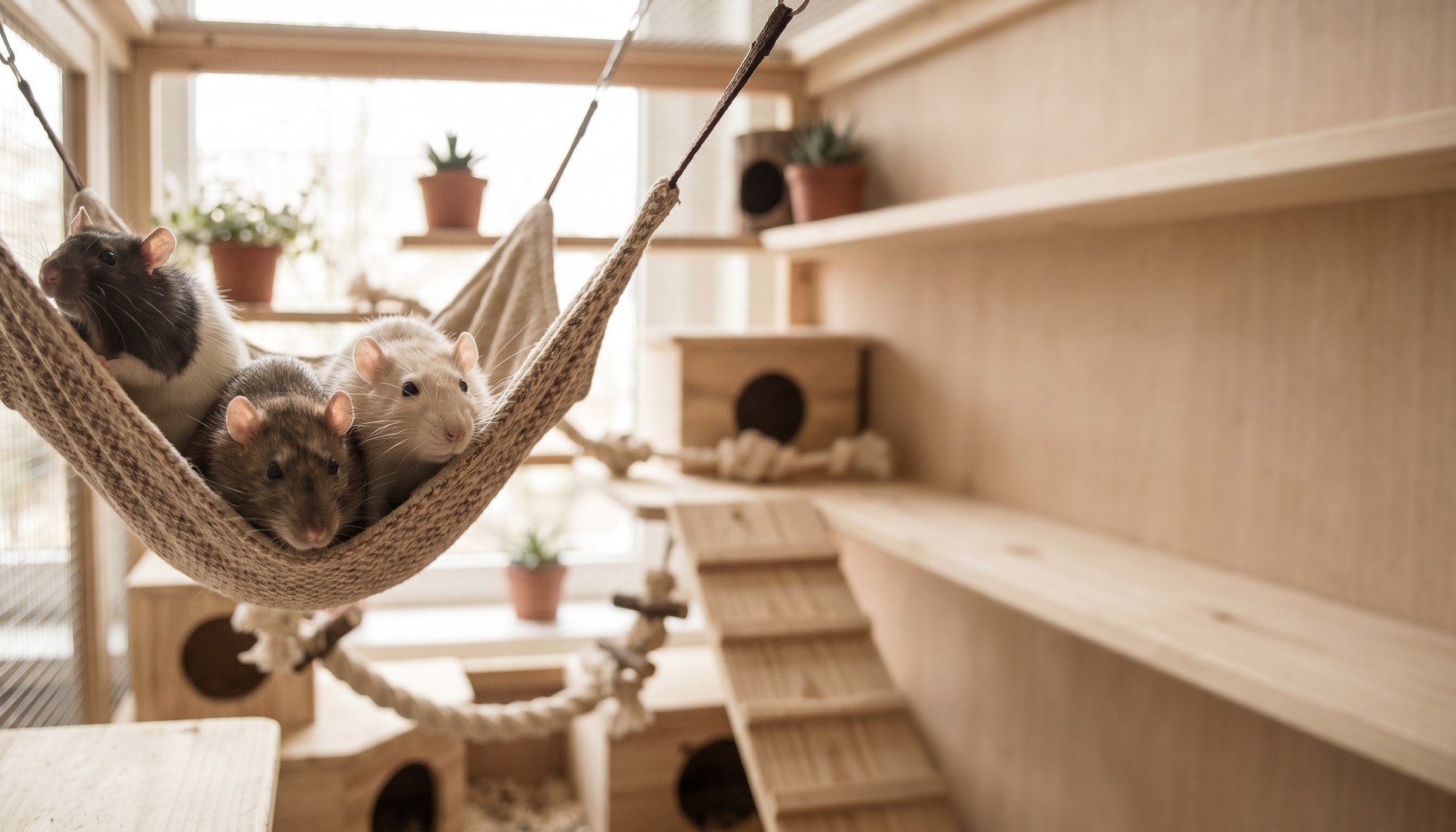 Drei Farbratten kuscheln gemeinsam auf einer Hängematte in einem großzügigen Rattengehege - Ratten Gesundheit