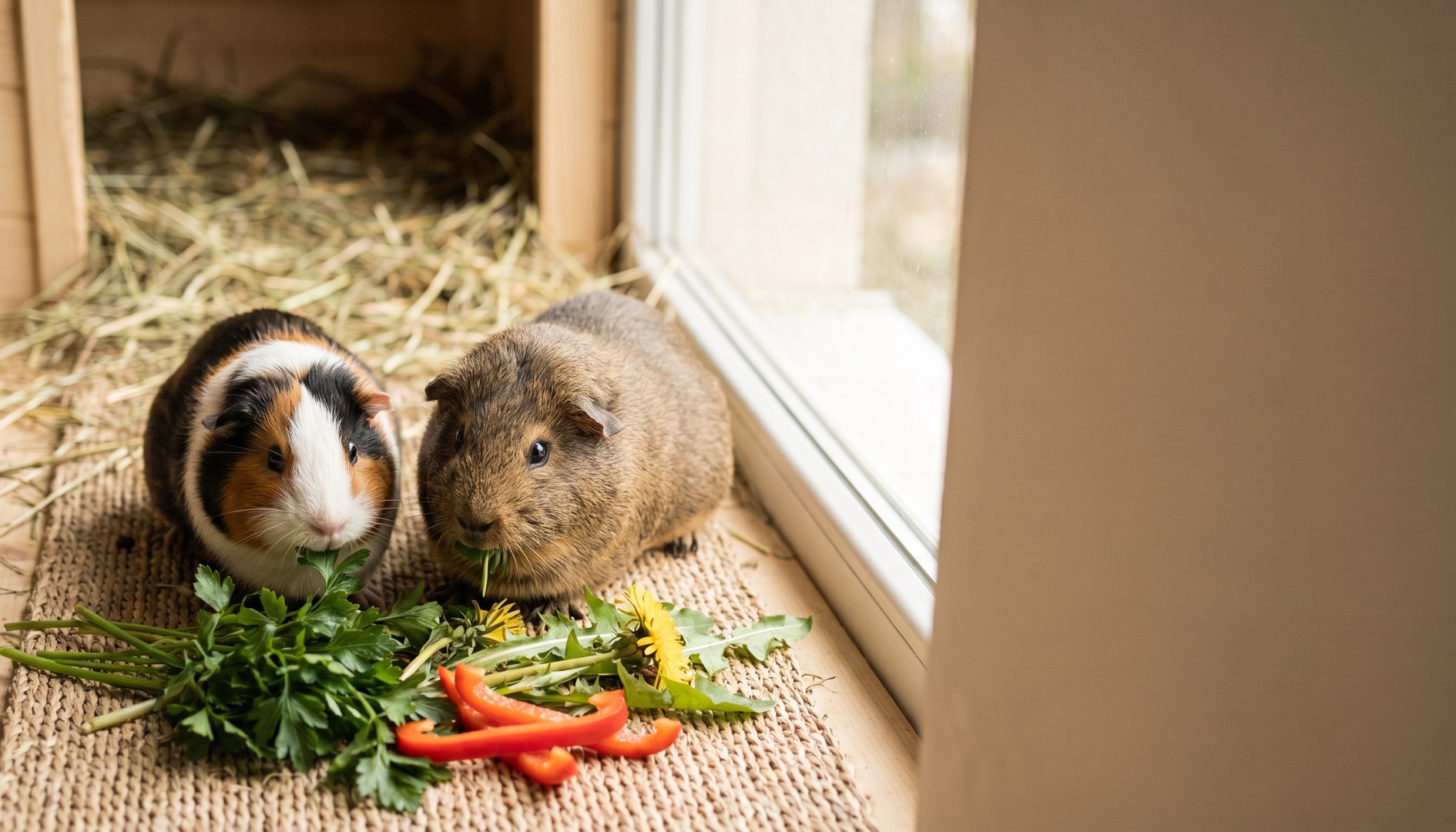 Zwei Meerschweinchen fressen frisches Grünfutter und Paprika in einem hellen Gehege - Meerschweinchen Gesundheit
