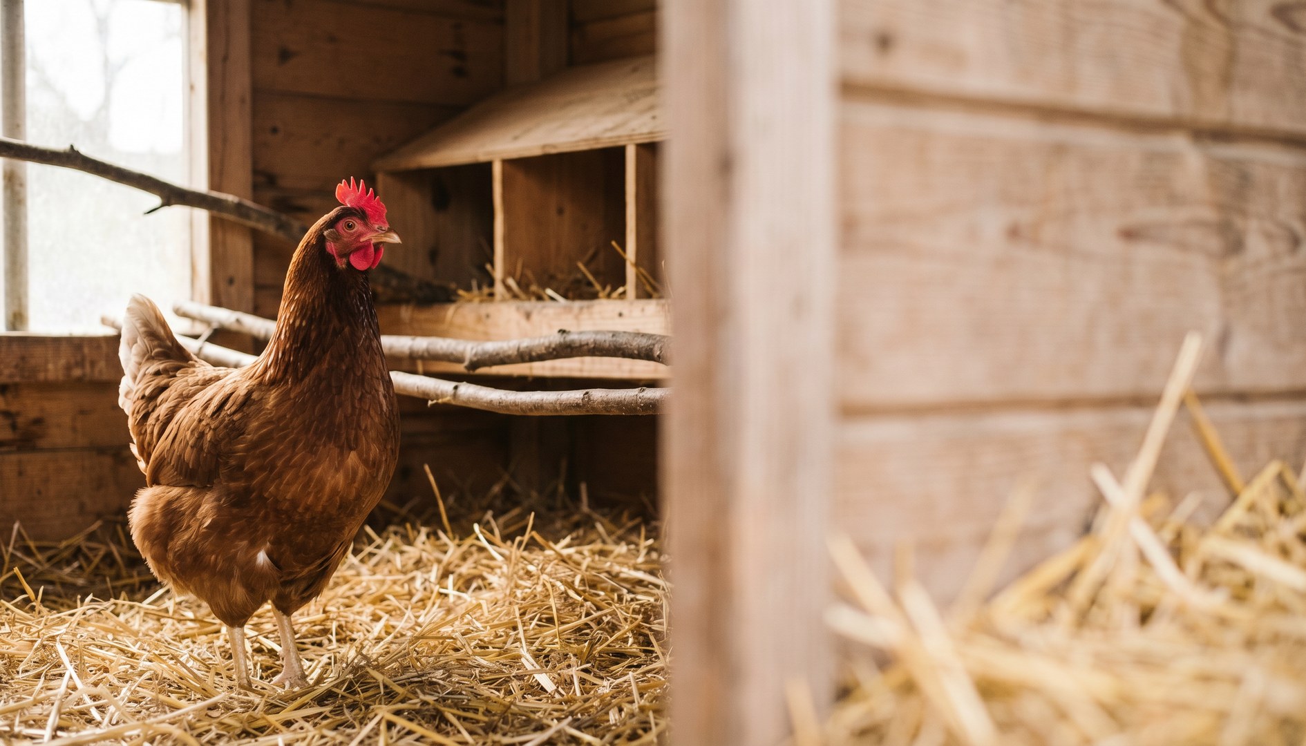 Gesunde Henne mit rotem Kamm steht aufmerksam in einem sauberen hellen Hühnerstall - Rote Vogelmilbe