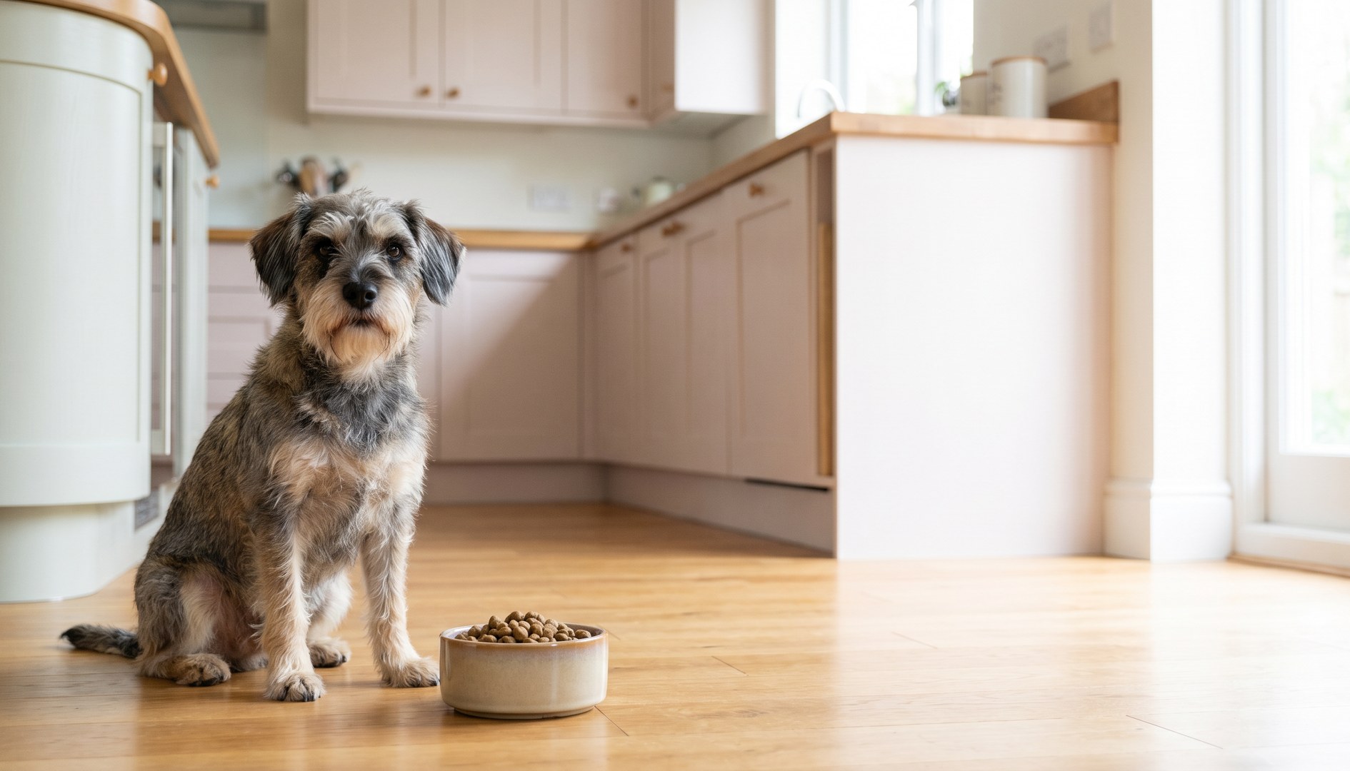 Zwergschnauzer steht aufmerksam vor einem gefüllten Futternapf in einer hellen Küche - Diabetes