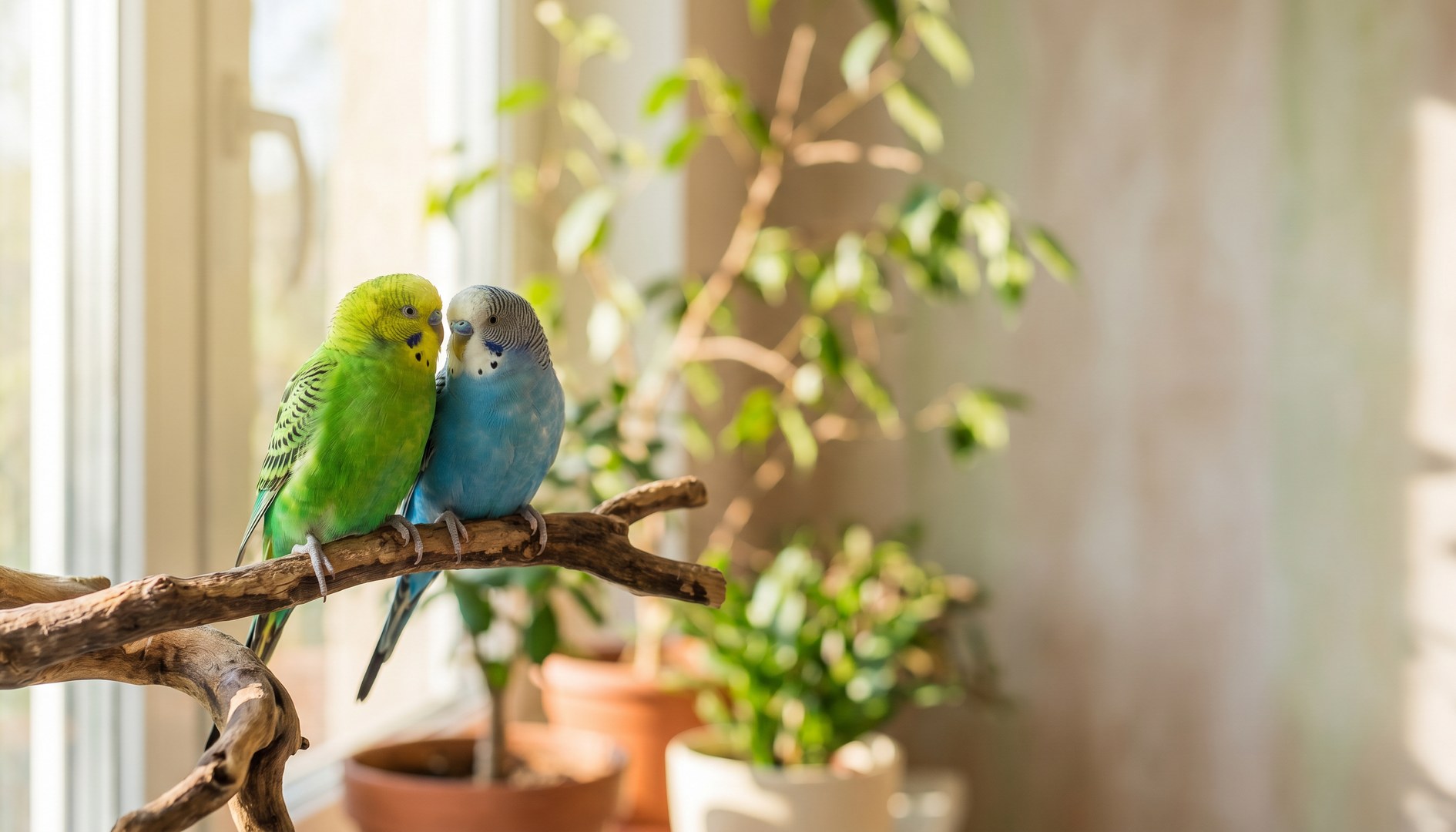 Zwei Wellensittiche sitzen nebeneinander auf einem Naturast in einer großen Voliere – Wellensittiche und Kanarienvögel artgerecht halten