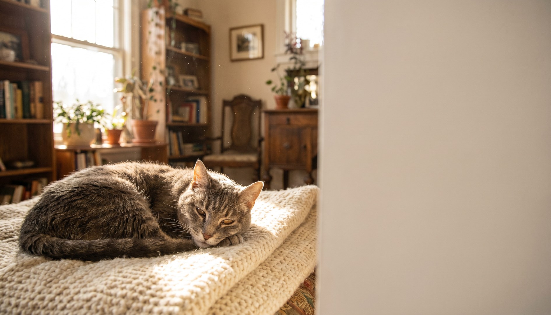Graue Senior-Katze liegt entspannt auf einer weichen Decke - Golden Oldie