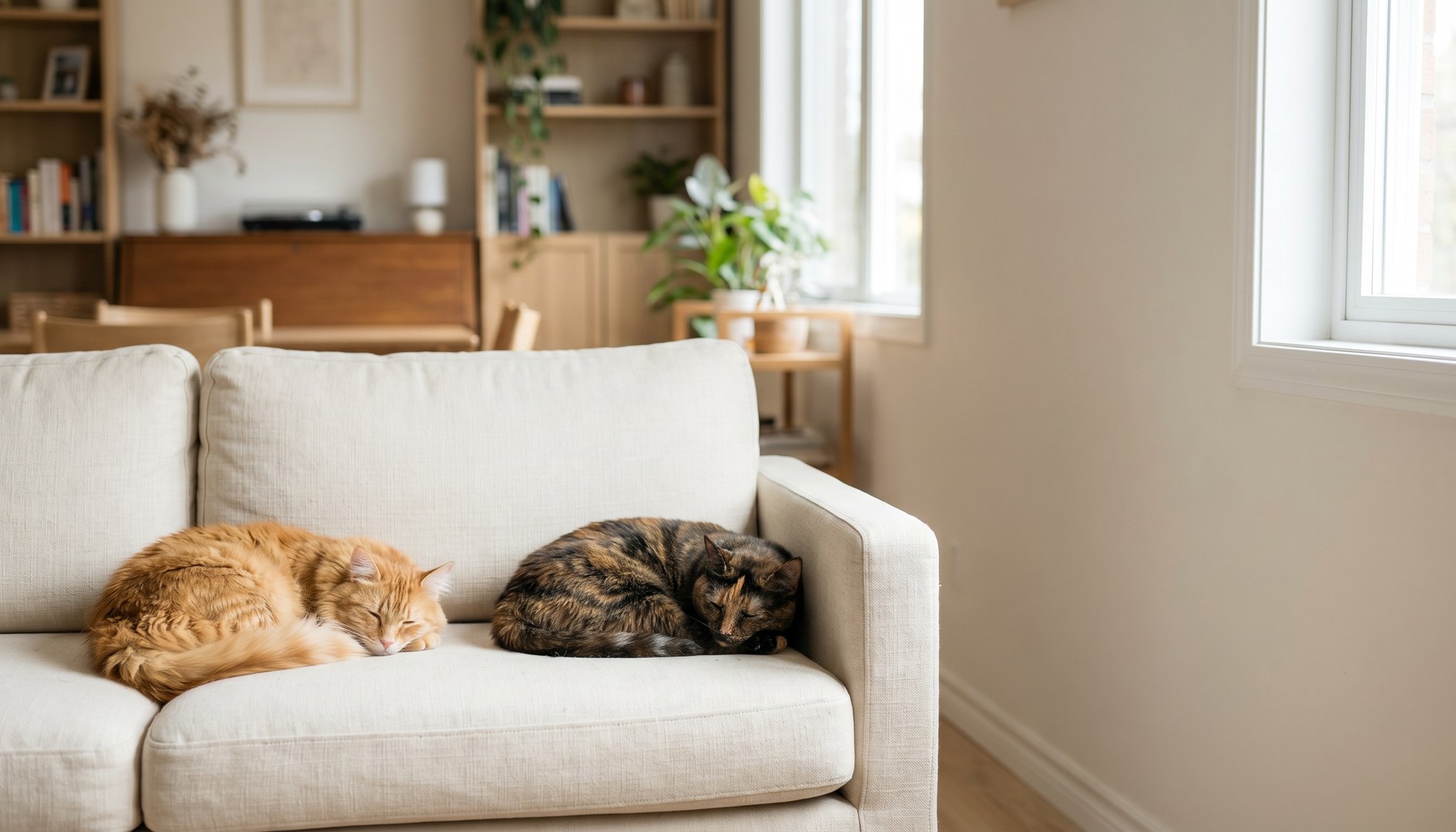 Zwei entspannte Hauskatzen liegen mit Abstand auf einem hellen Sofa - Zweitkatze einführen