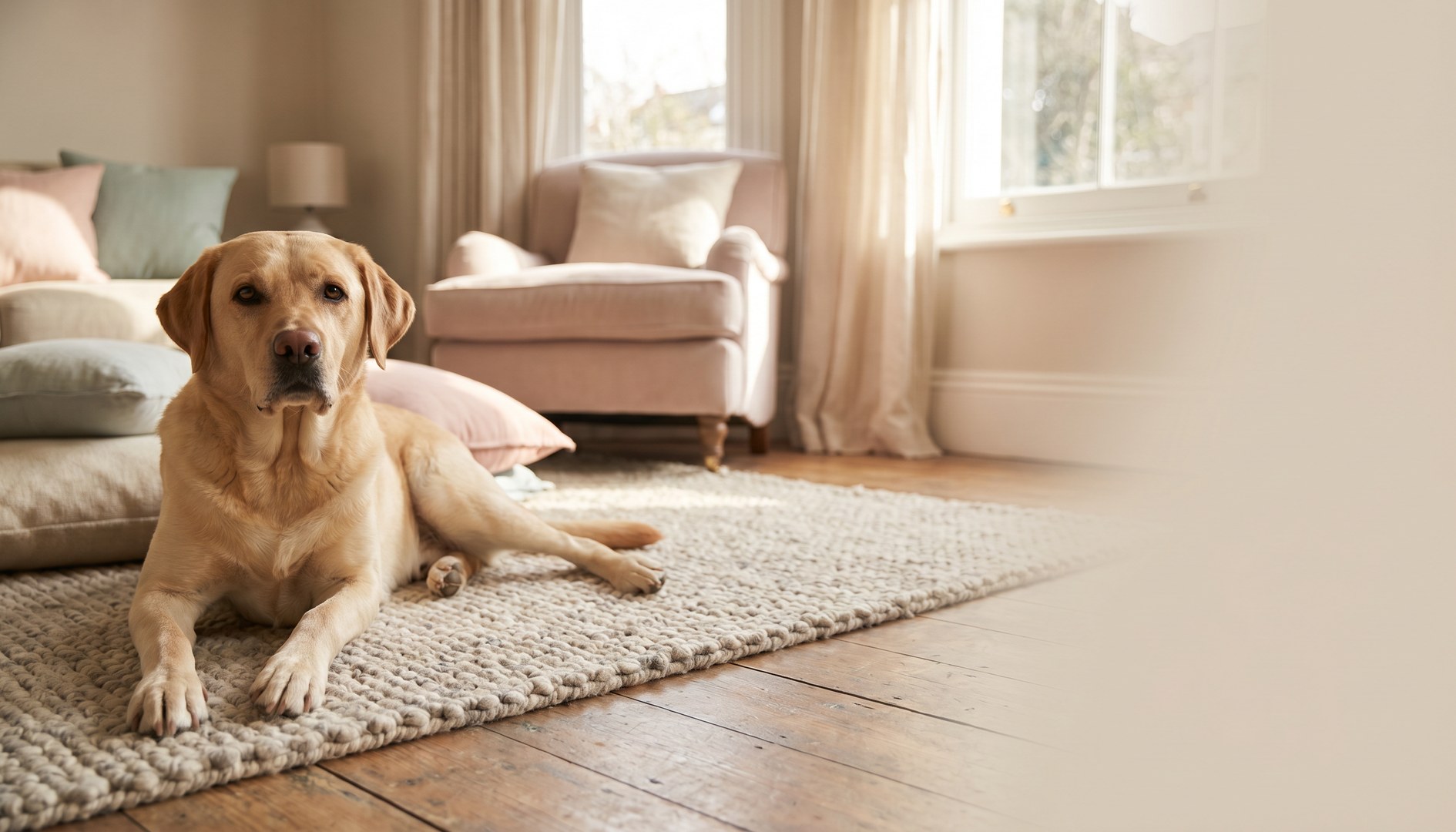 Entspannter Labrador ruht auf einem weichen Teppich im Wohnzimmer - Kreuzbandriss