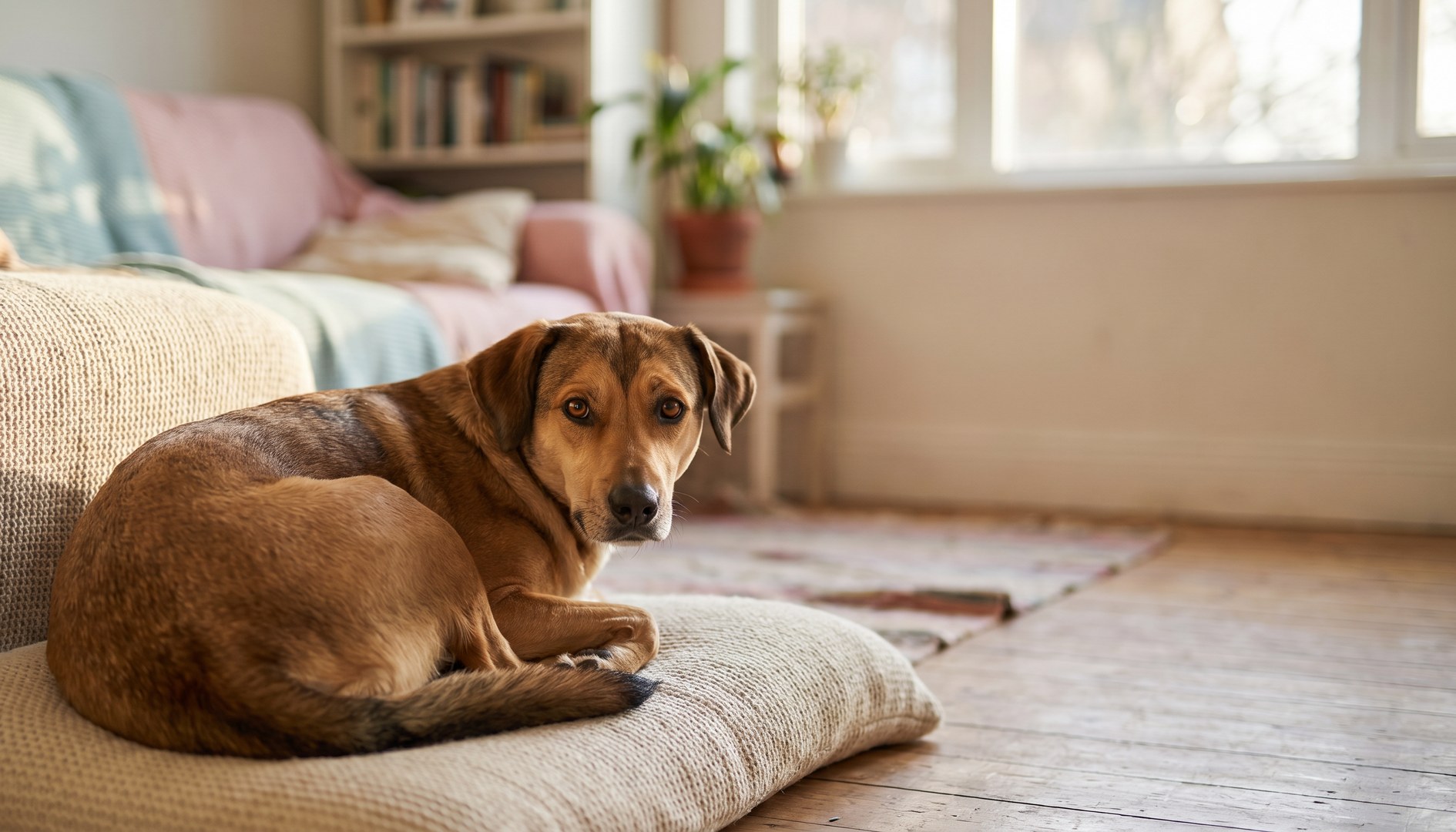 Mittelgroßer Mischlingshund aus dem Ausland ruht aufmerksam auf einem Kissen im Wohnzimmer - Auslandshund Eingewöhnung