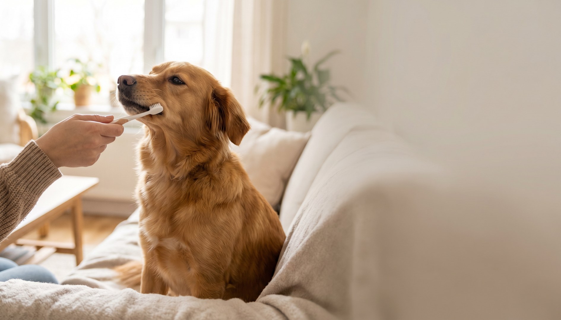 Hund lässt sich ruhig die Zähne mit einer tiergerechten Zahnbürste putzen - Zahnpflege