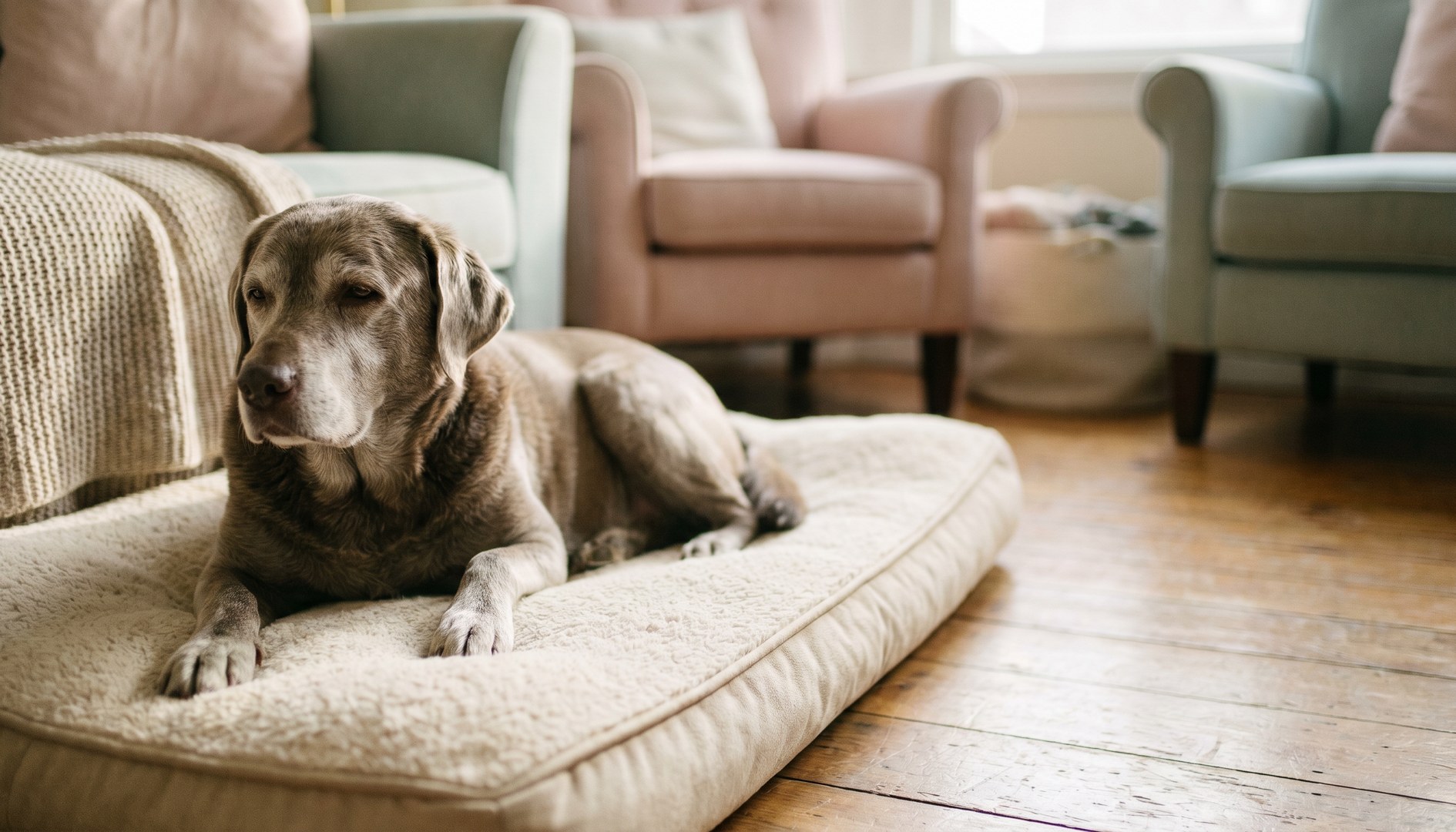 Älterer Hund mit ergrautem Gesicht ruht auf einem orthopädischen Kissen im Wohnzimmer - Demenz
