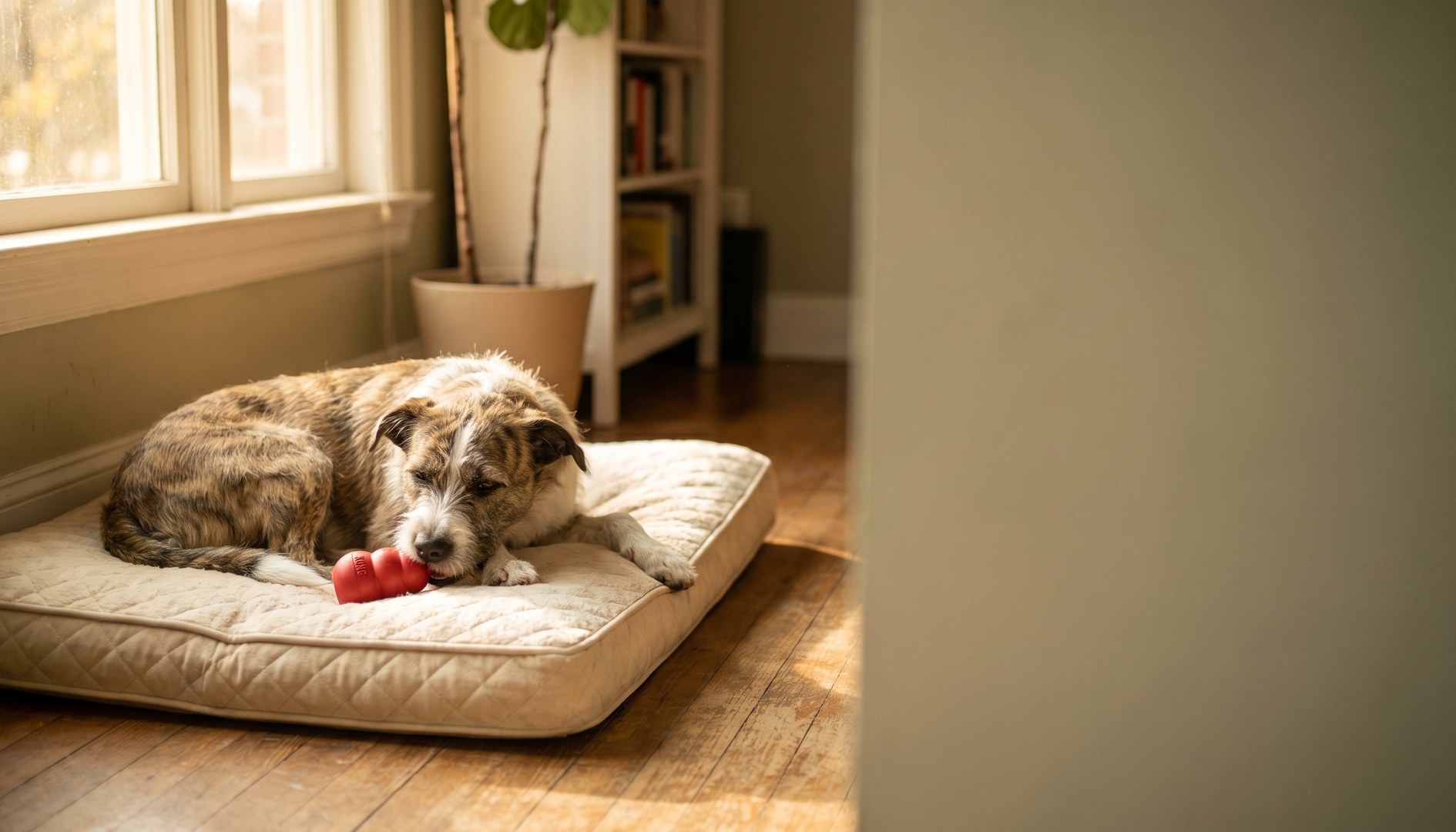 Mittelgroßer Mischlingshund liegt entspannt auf einem Hundebett mit Futterspielzeug und döst. – Alleinbleiben trainieren