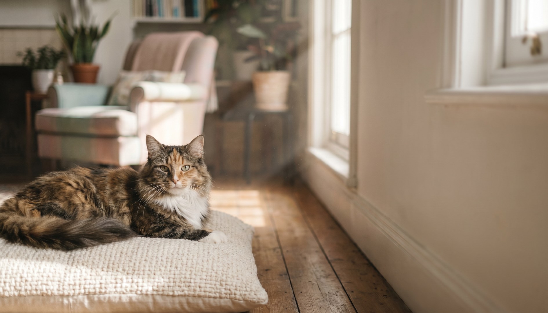 Ruhige Maine-Coon-ähnliche Katze liegt entspannt auf einem weichen Kissen im Wohnzimmer - HCM