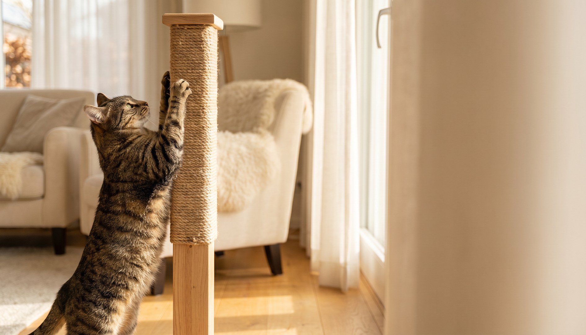 Getigerte Katze streckt sich vollständig und kratzt an einem hohen Sisal-Kratzbaum. – Kratzverhalten umlenken
