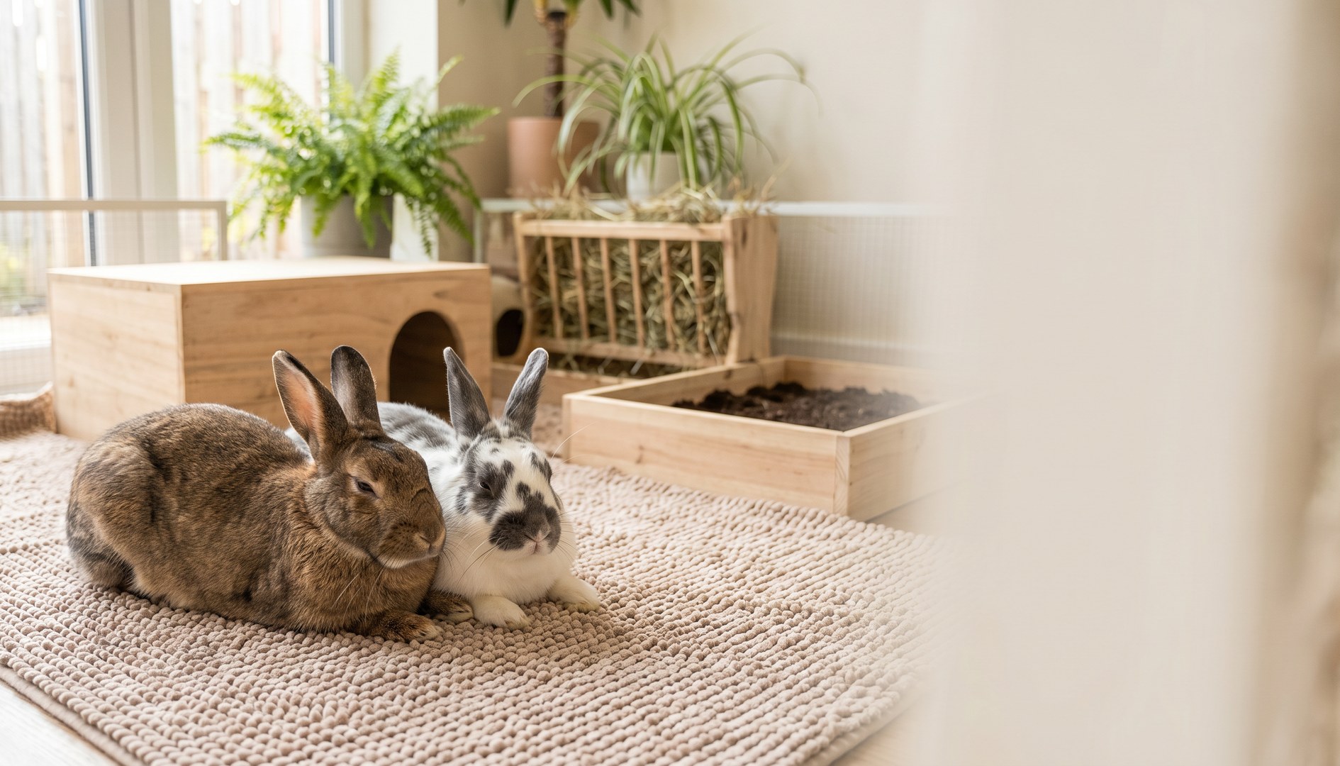 Zwei Kaninchen liegen eng beieinander in einem großen strukturreichen Gehege - artgerechte Paarhaltung