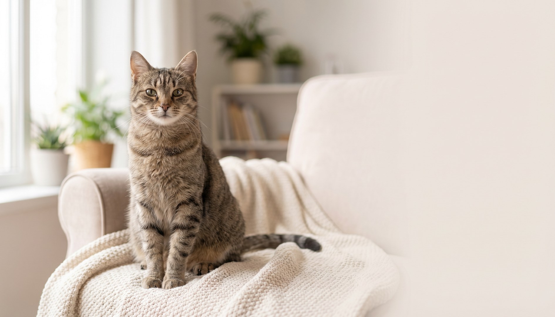 Erwachsene Hauskatze sitzt aufmerksam auf einer weichen Decke im Wohnzimmer - Katzenschnupfen