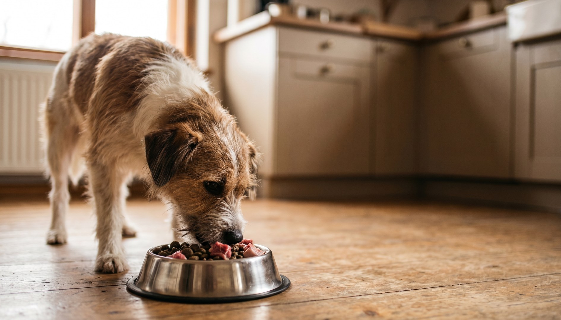 Mittelgroßer Mischlingshund frisst konzentriert aus einem Edelstahlnapf in einer hellen Küche. – Ernährung beim Hund