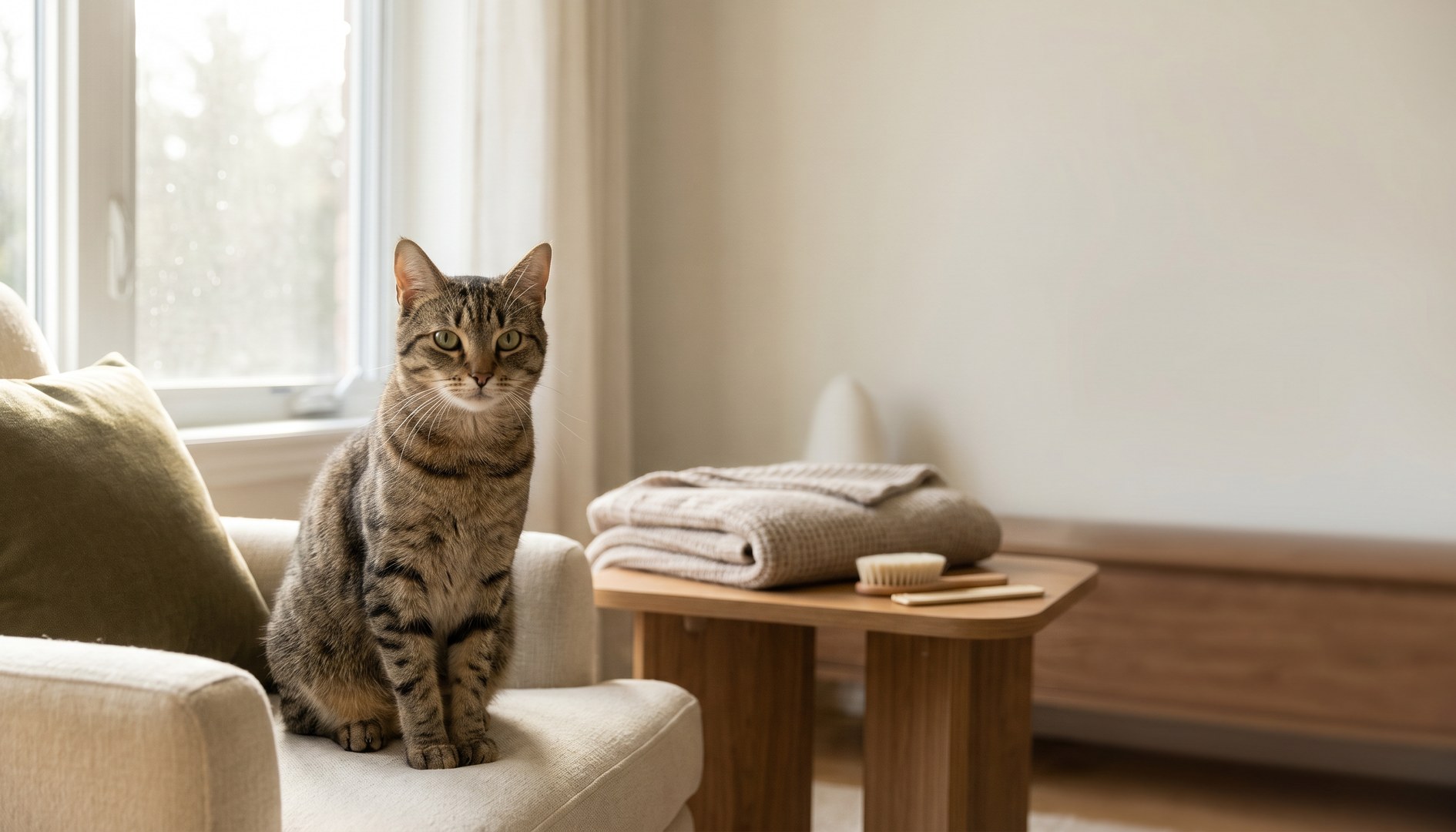 Erwachsene Hauskatze sitzt aufrecht in hellem Wohnzimmer - FeLV bei Katzen