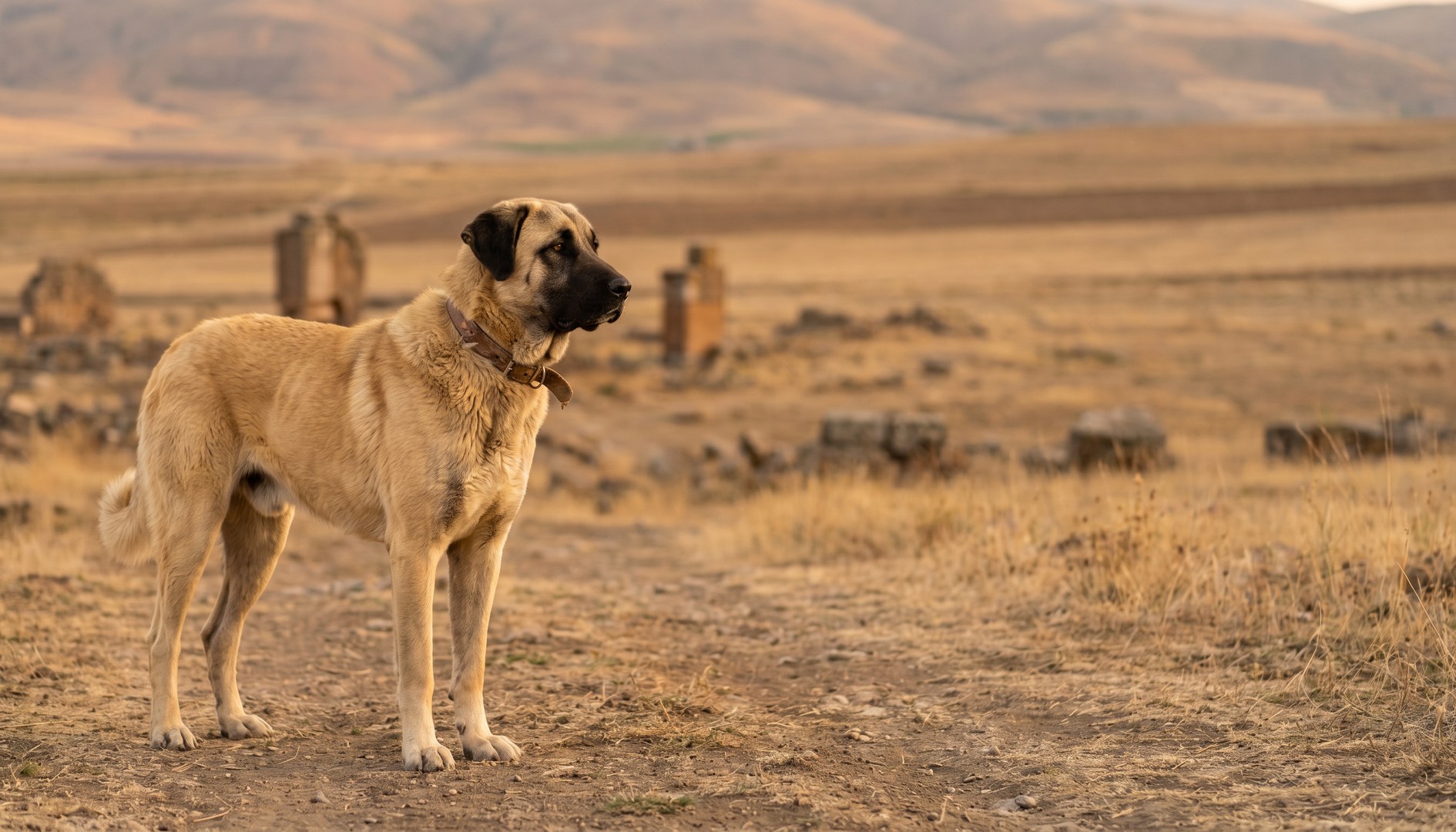 Ausgewachsener Kangal mit schwarzer Maske steht aufmerksam in weiter Landschaft - Kangal Rasseporträt