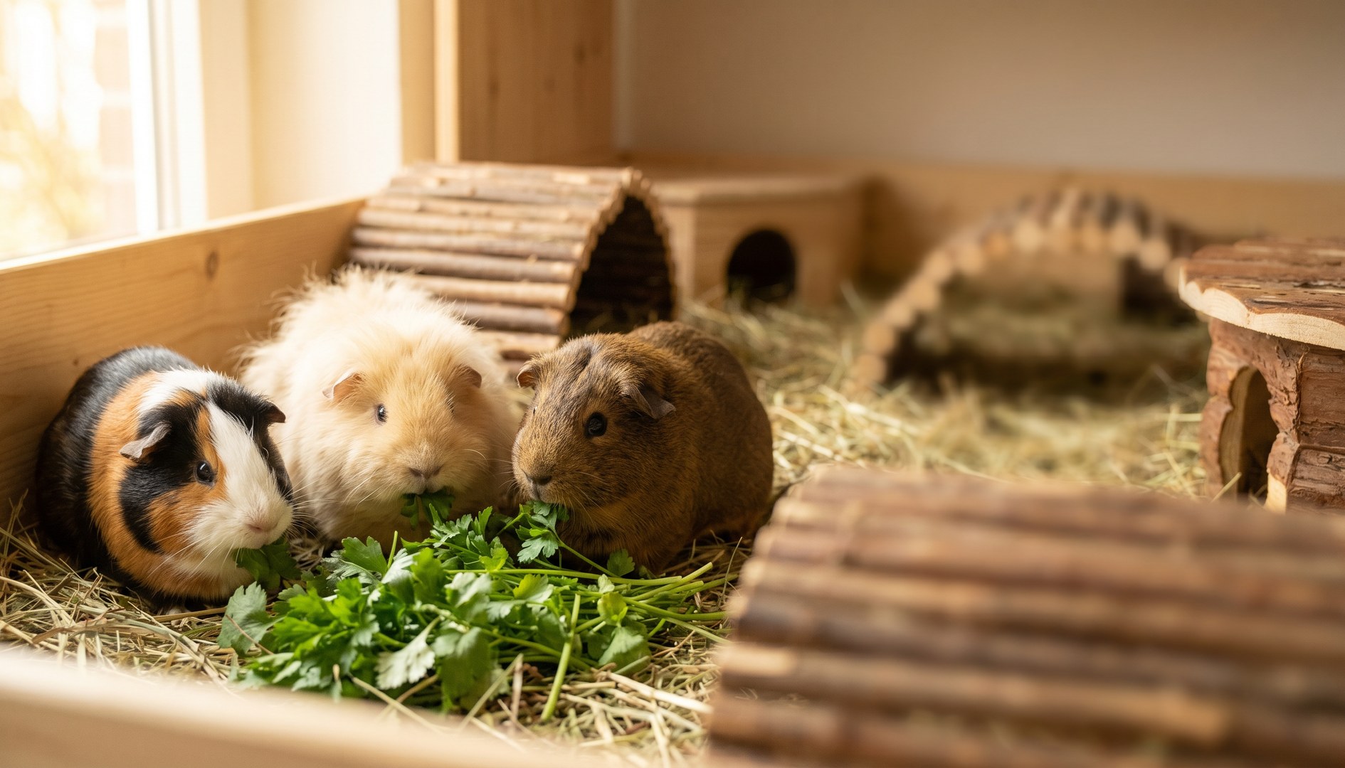 Drei Meerschweinchen fressen gemeinsam frische Kräuter in einem großzügigen Innengehege – Meerschweinchen artgerecht halten