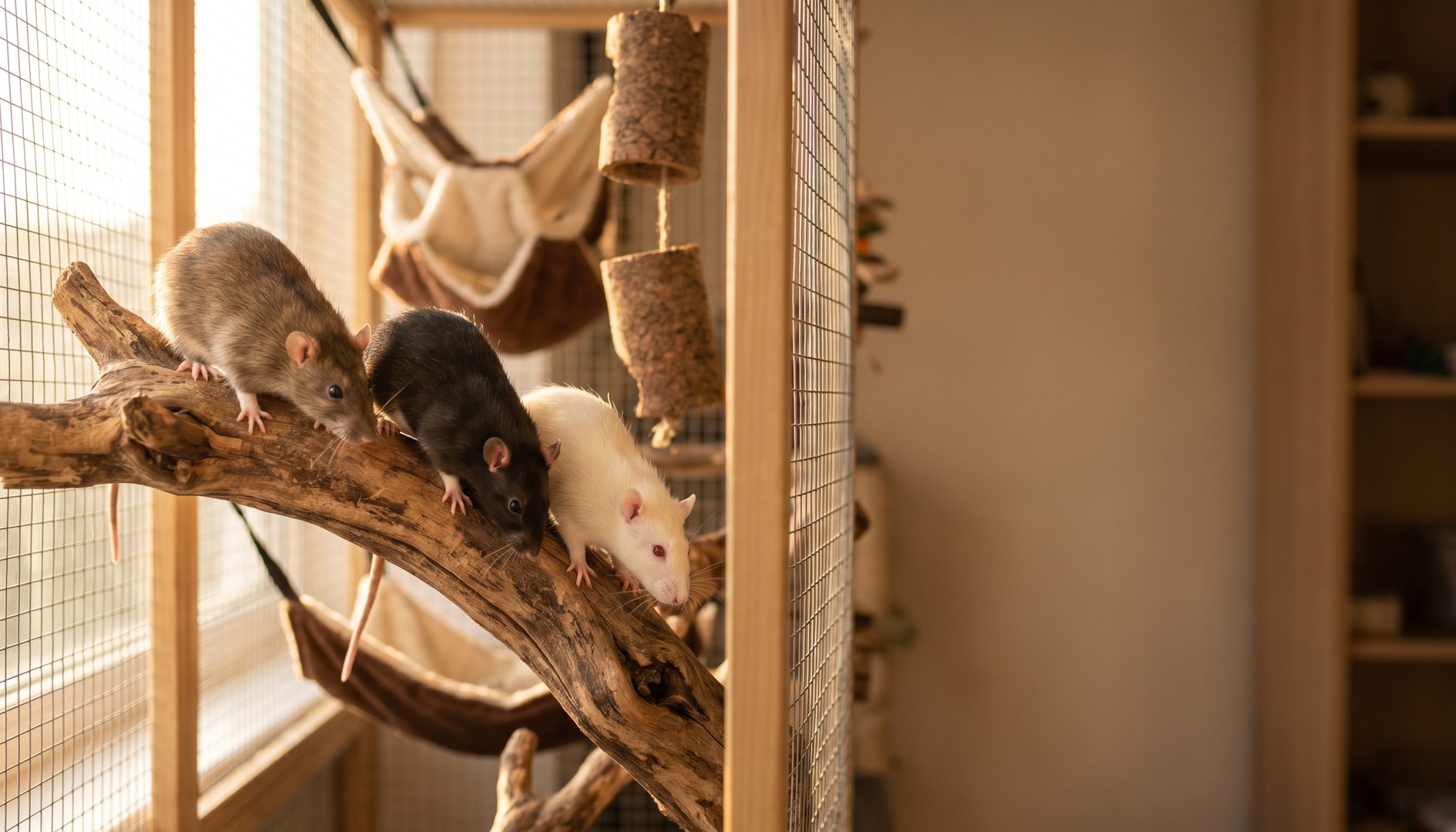 Drei Farbratten klettern gemeinsam auf einem Naturast in einer hohen Voliere – Ratten artgerecht halten