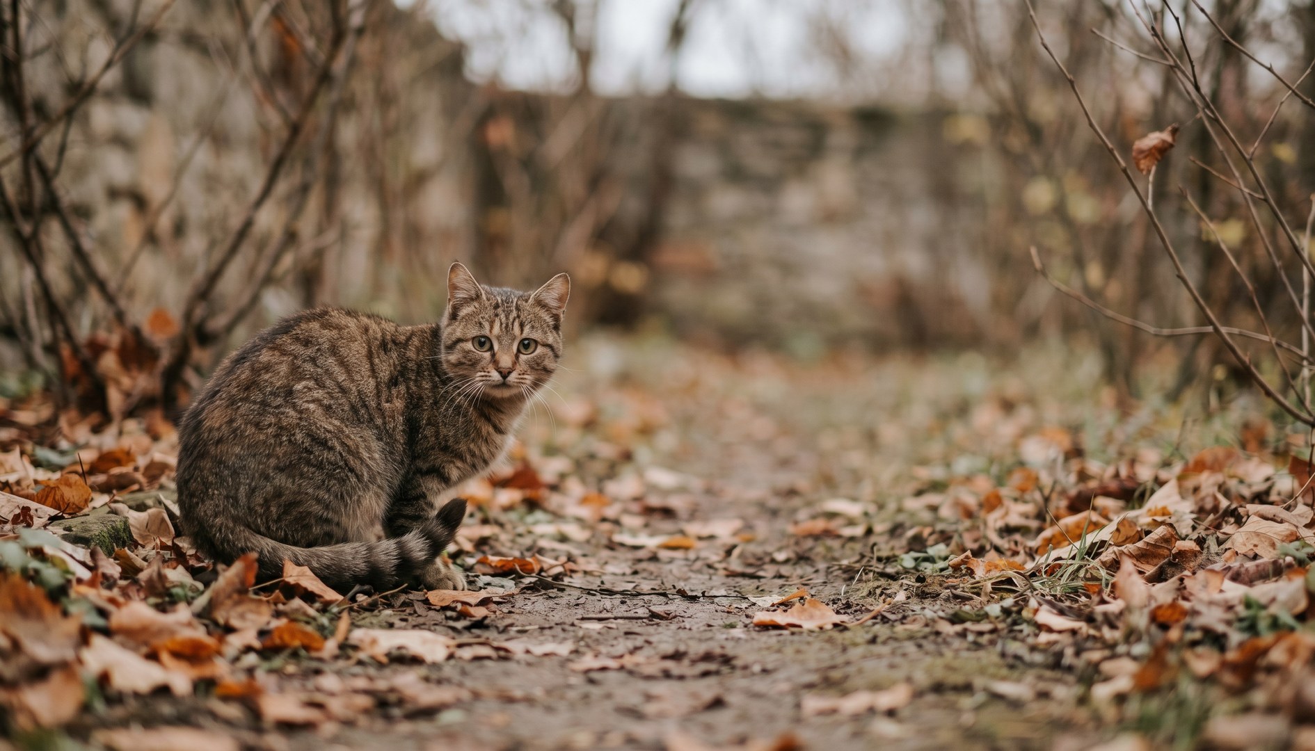 Kleine getigerte Katze sitzt allein auf einem herbstlichen Gartenweg. – Fundtier – was tun?