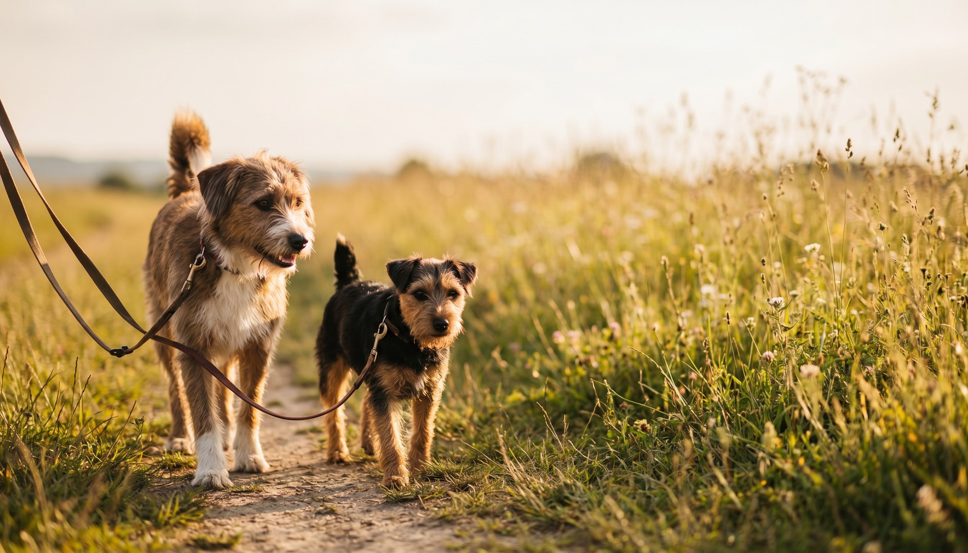 Zwei Hunde verschiedener Größe gehen entspannt an der Leine nebeneinander auf einem neutralen Spazierweg – Zweithund einführen