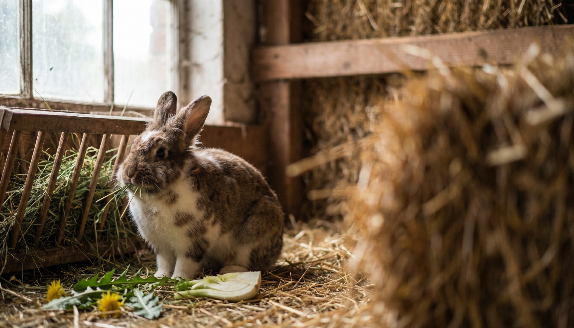 Braun-weißes Kaninchen frisst Wiesenheu aus einer Holzraufe, daneben Löwenzahnblätter und Fenchel. – Kaninchen-Ernährung