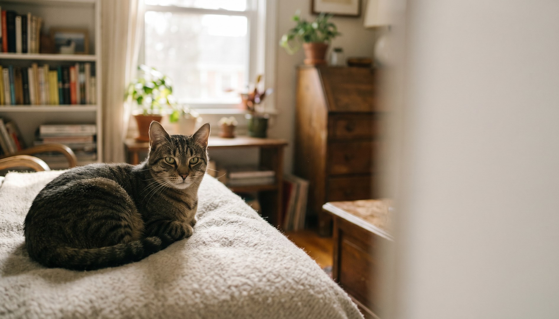 Ruhige erwachsene Katze liegt entspannt auf einer hellen Decke - FIV bei Katzen