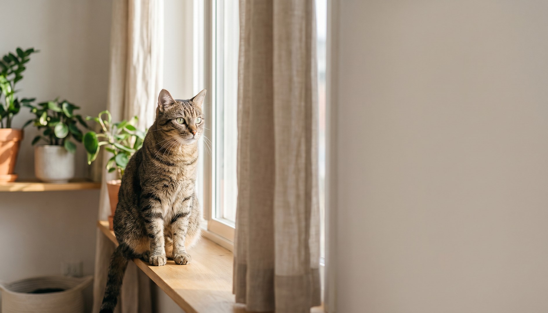 Aufmerksame erwachsene Hauskatze sitzt entspannt auf einem Fensterbrett - FIP bei Katzen
