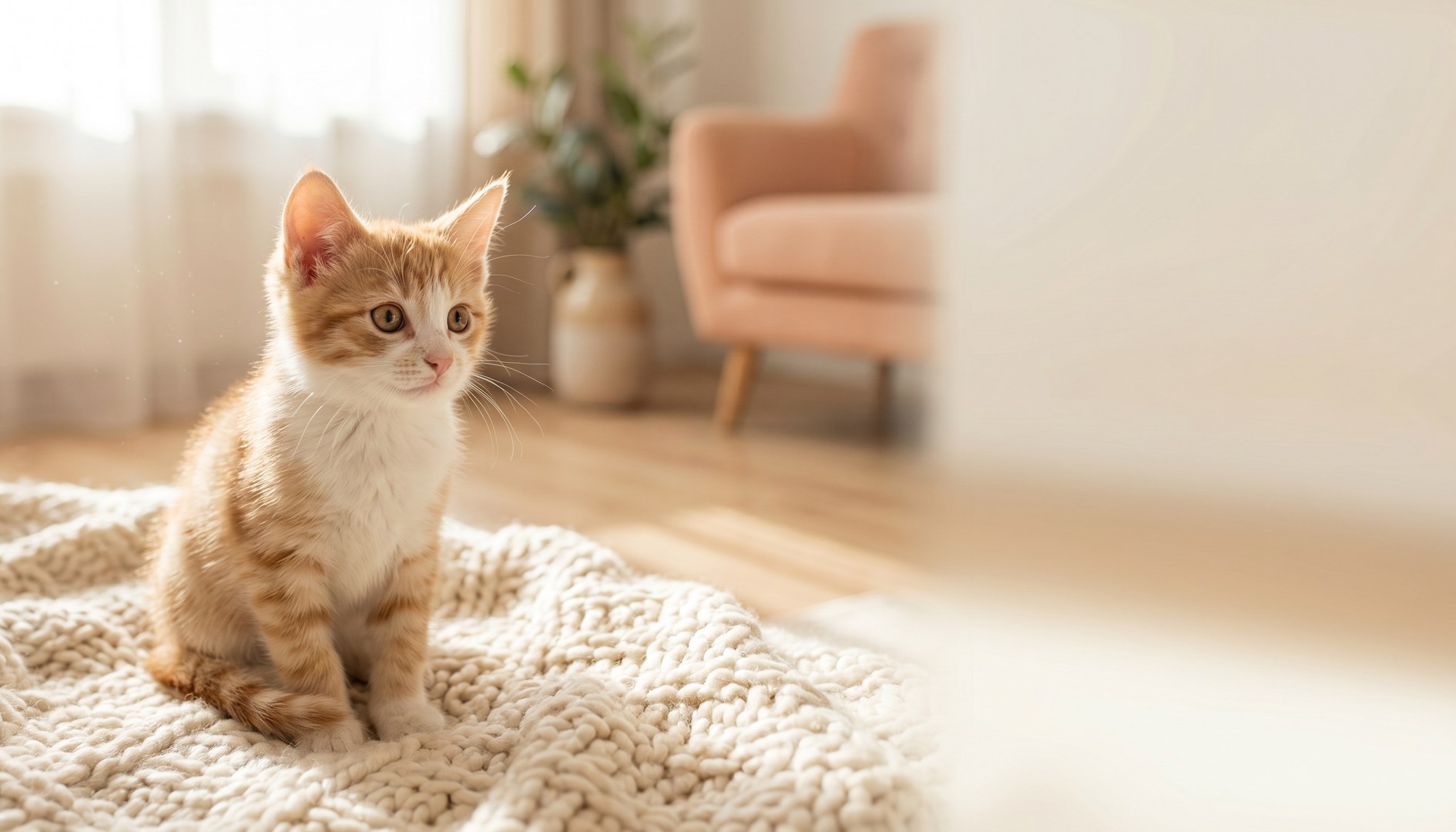 Junge Hauskatze sitzt aufmerksam auf einer hellen Decke im Wohnzimmer - Katzenseuche