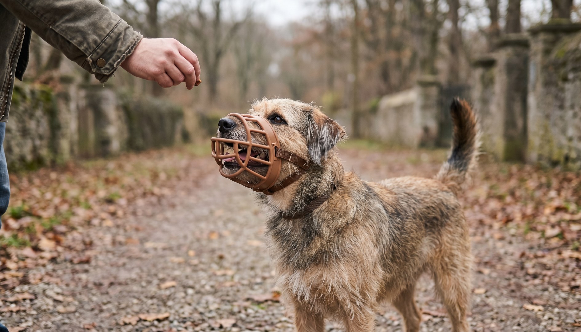 Hund trägt locker sitzenden Korbmaulkorb und nimmt entspannt ein Leckerli aus der Hand der Halter:in an. – Maulkorbtraining