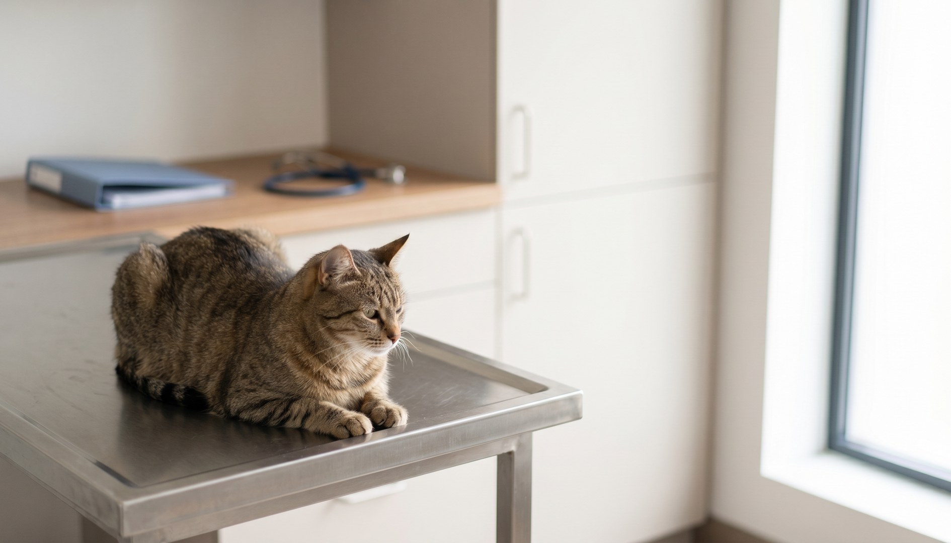 Erwachsene Katze sitzt entspannt auf einem Behandlungstisch in einer hellen Tierarztpraxis - Tierversicherung