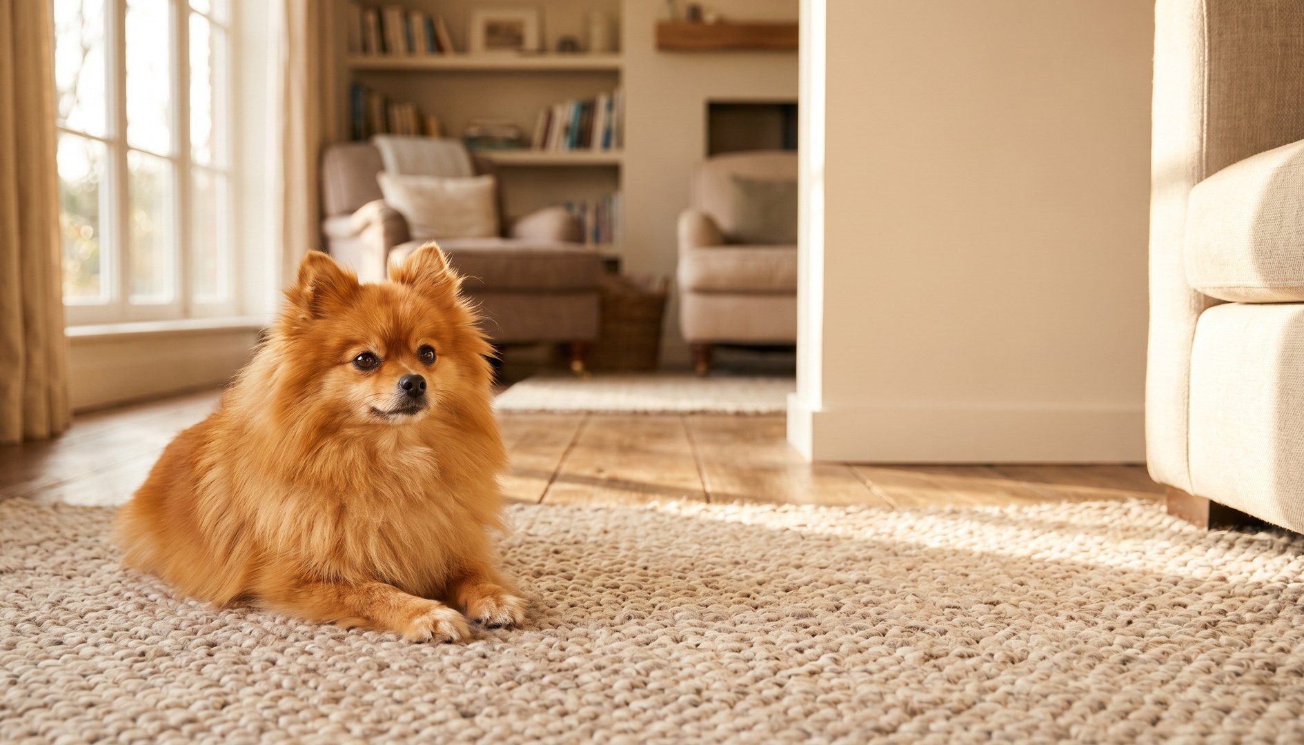 Kleiner Pomeranian liegt entspannt auf einem weichen Teppich und schaut aufmerksam zur Kamera - Patellaluxation