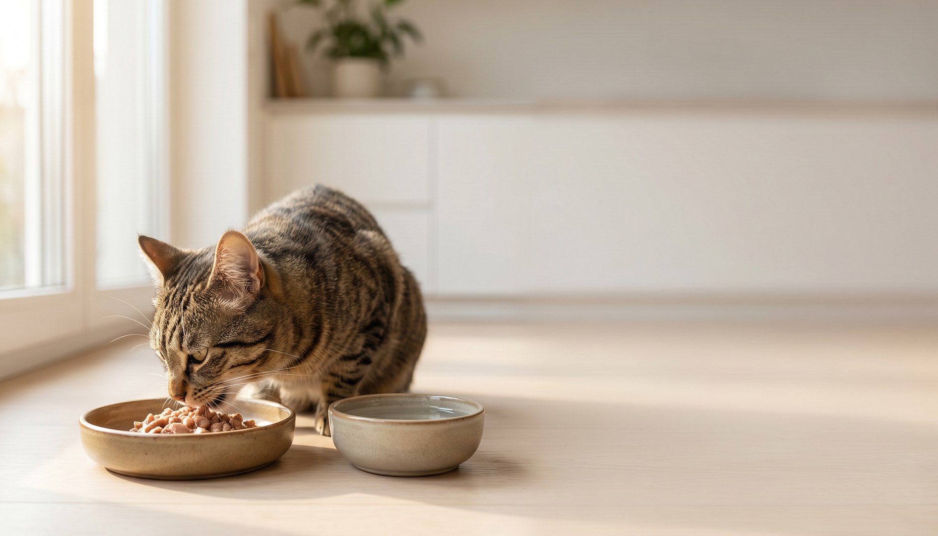 Getigerte Katze frisst Nassfutter aus einer flachen Keramikschale, daneben ein Wassernapf. – Ernährung bei der Katze