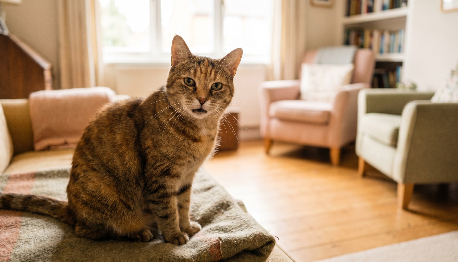 Erwachsene Hauskatze sitzt aufmerksam im Wohnzimmer, Gesicht und Schnurrhaare sichtbar - FORL