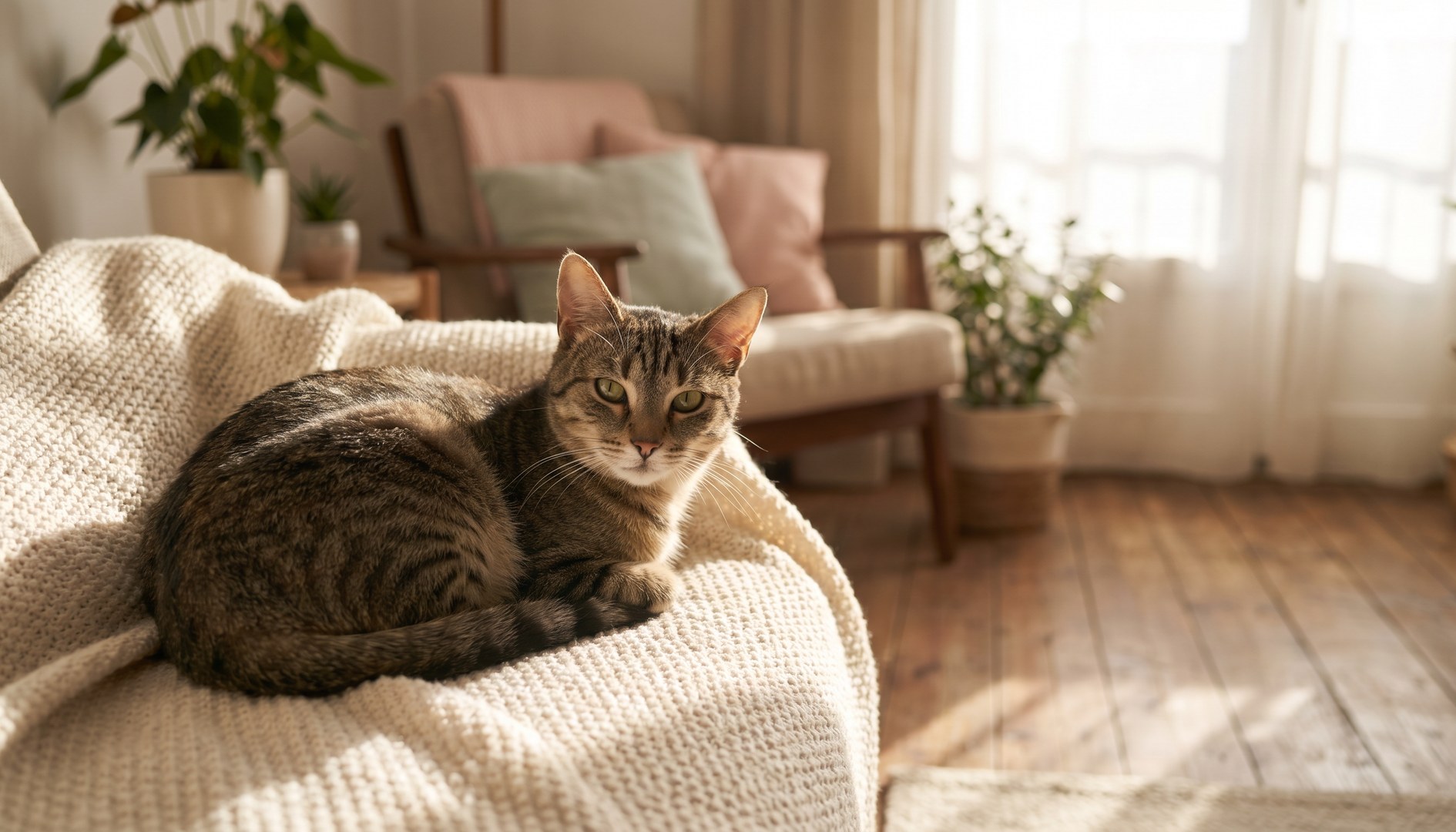 Gesund aussehende Hauskatze liegt entspannt auf einer hellen Decke im Wohnzimmer - Diabetes