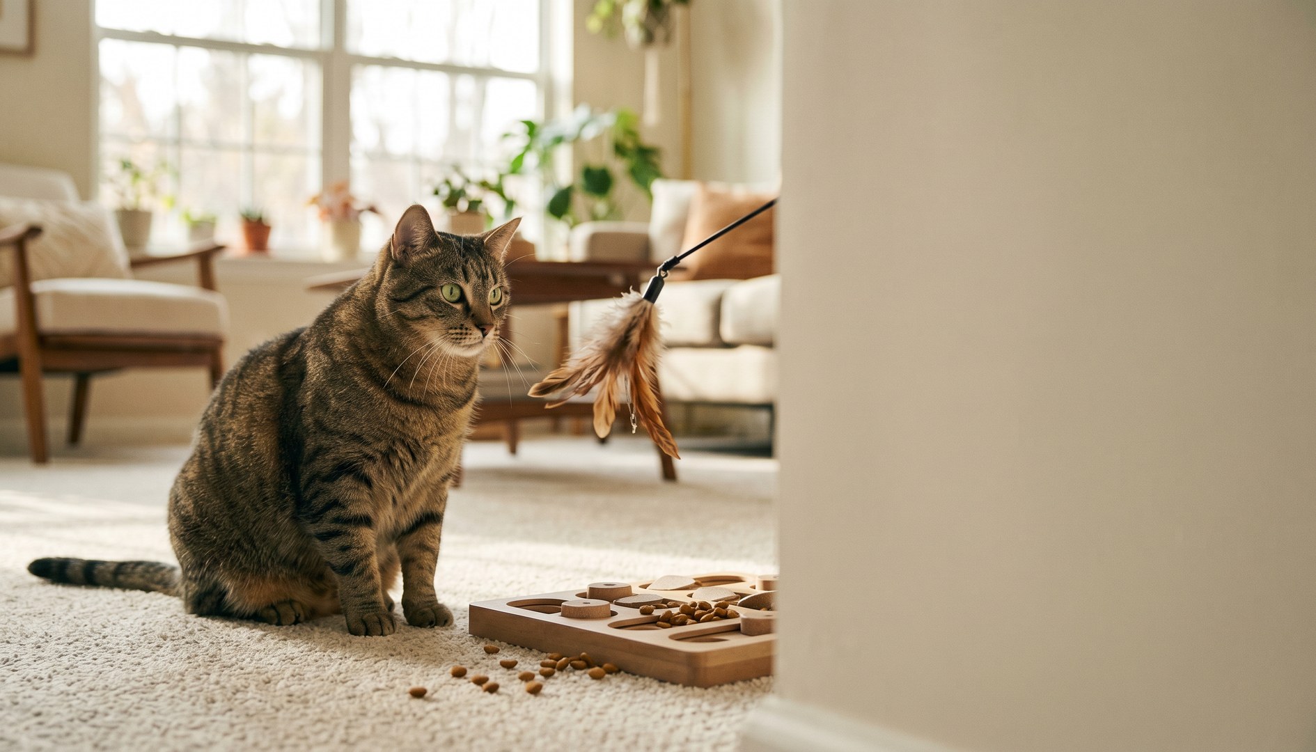 Rundliche Hauskatze spielt konzentriert mit Spielangel und Fummelbrett - Abnehmen bei Katzen