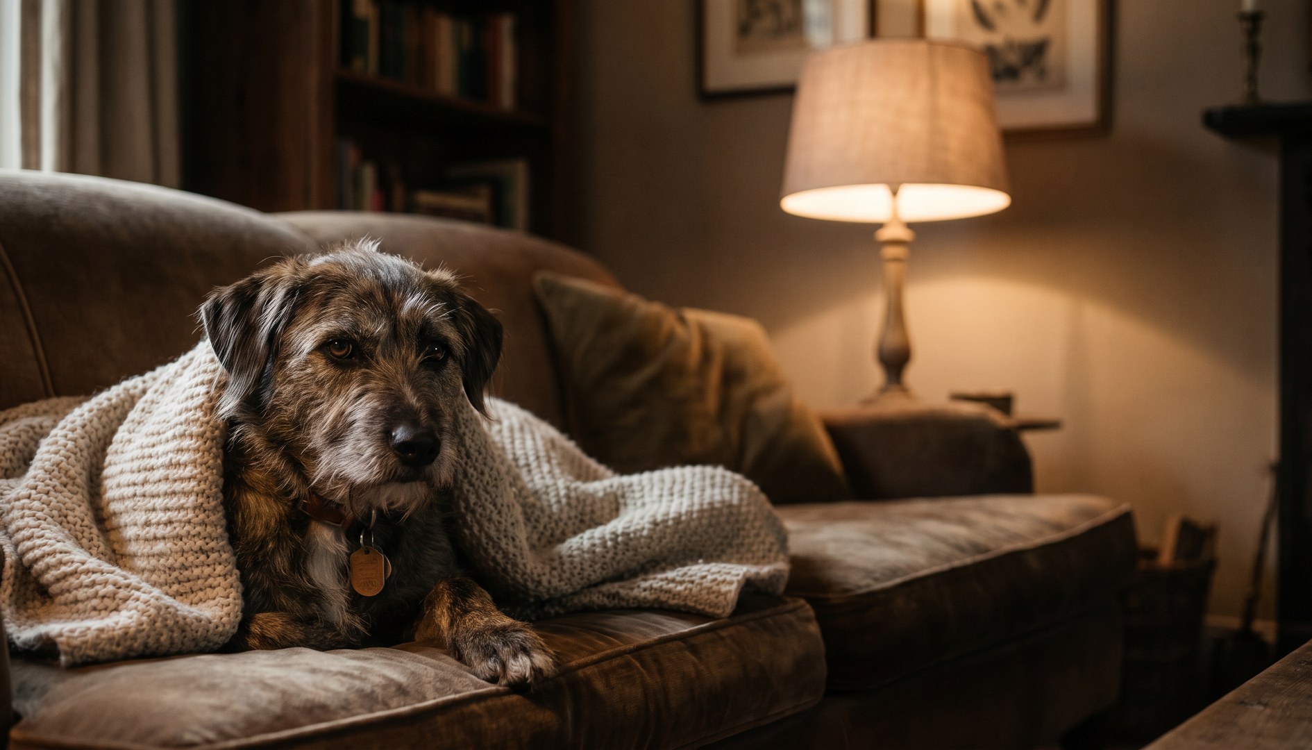 Hund liegt zusammengerollt und ruhig unter einer Decke auf einem Sofa in einem abgedunkelten Raum. – Angst vor Silvester, Gewitter und Tierarzt