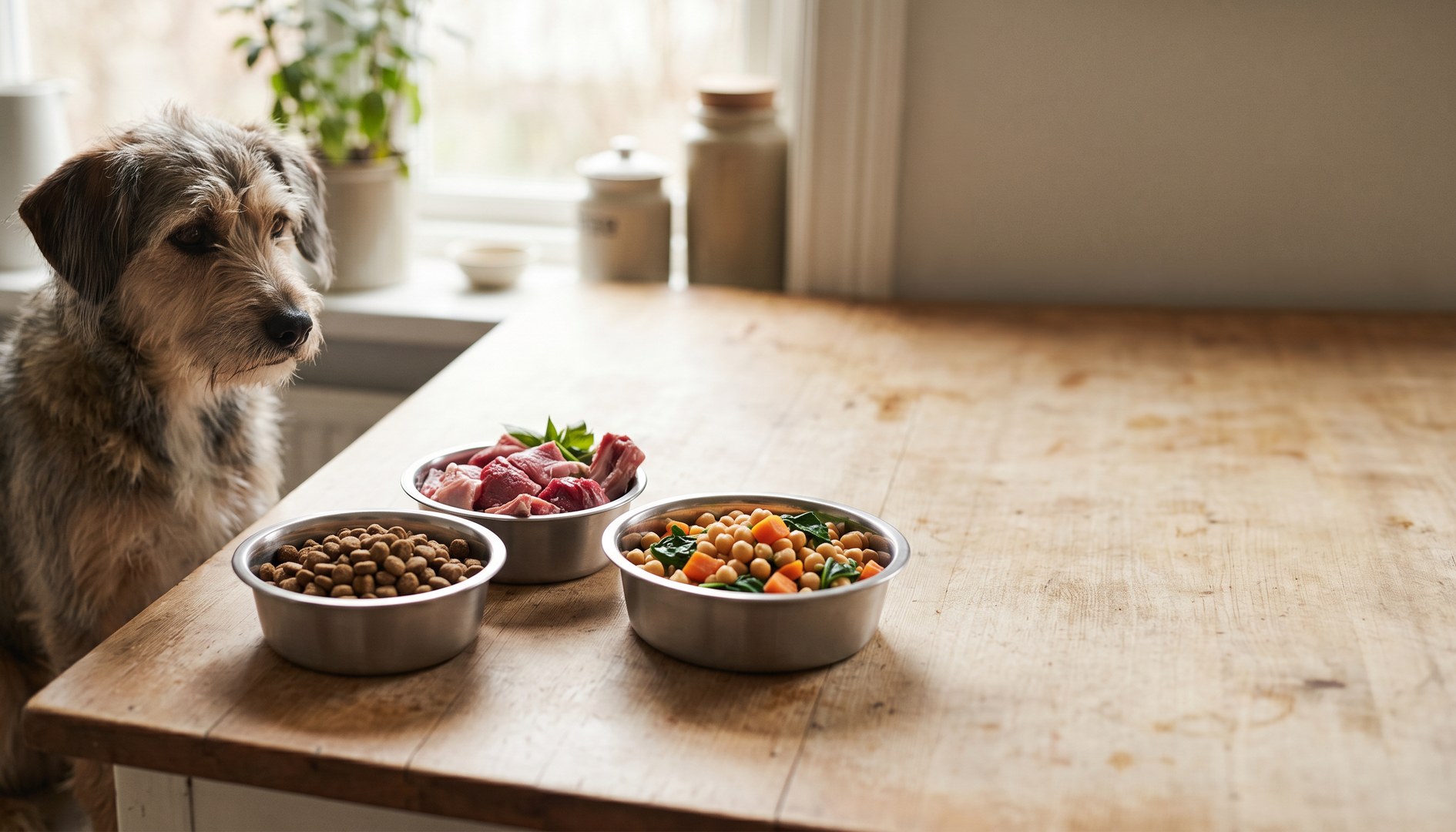 Drei verschiedene Hundenäpfe mit Trockenfutter BARF und veganem Futter - Ernährungstrends beim Hund
