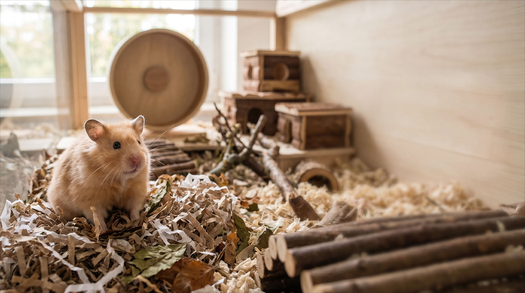 Goldhamster sitzt aufmerksam in einem großzügigen Gehege mit tiefer Einstreu - Hamster Gesundheit